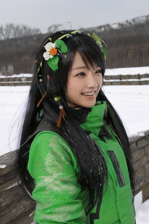 Guan Yinping, Lively，fly,happy, black发, brown eyes, hair accessories, hair flower, Green roof, forest, Half body, black, 上Half body，river，snow，snow falling，pretty face，cute，ski，laughing out loud