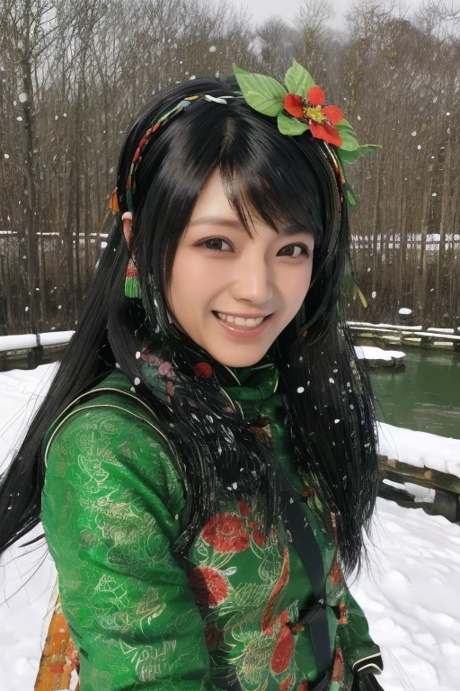 Guan Yinping, Lively，fly,happy, black发, brown eyes, hair accessories, hair flower, Green roof, forest, Half body, black, 上Half body，river，snow，snow falling，pretty face，cute，ski，laughing out loud