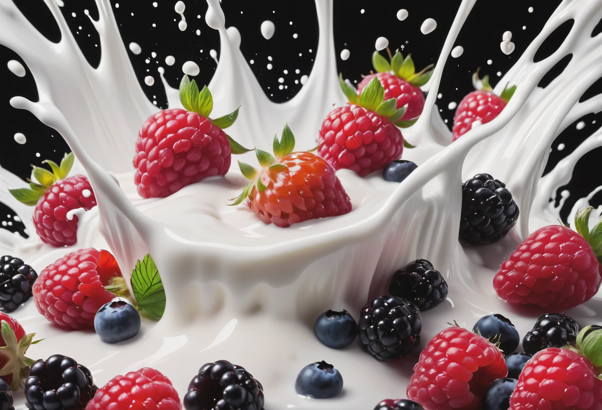 Commercial photography, powerful white milk explosion, huge blackberries raspberries strawberries blueberries cherries in the center of the explosion, white lighting, studio light, 8k octane rendering, high resolution photography, fine detail, insanely detailed, on a black isolated plain, stock photo, professional color correction 