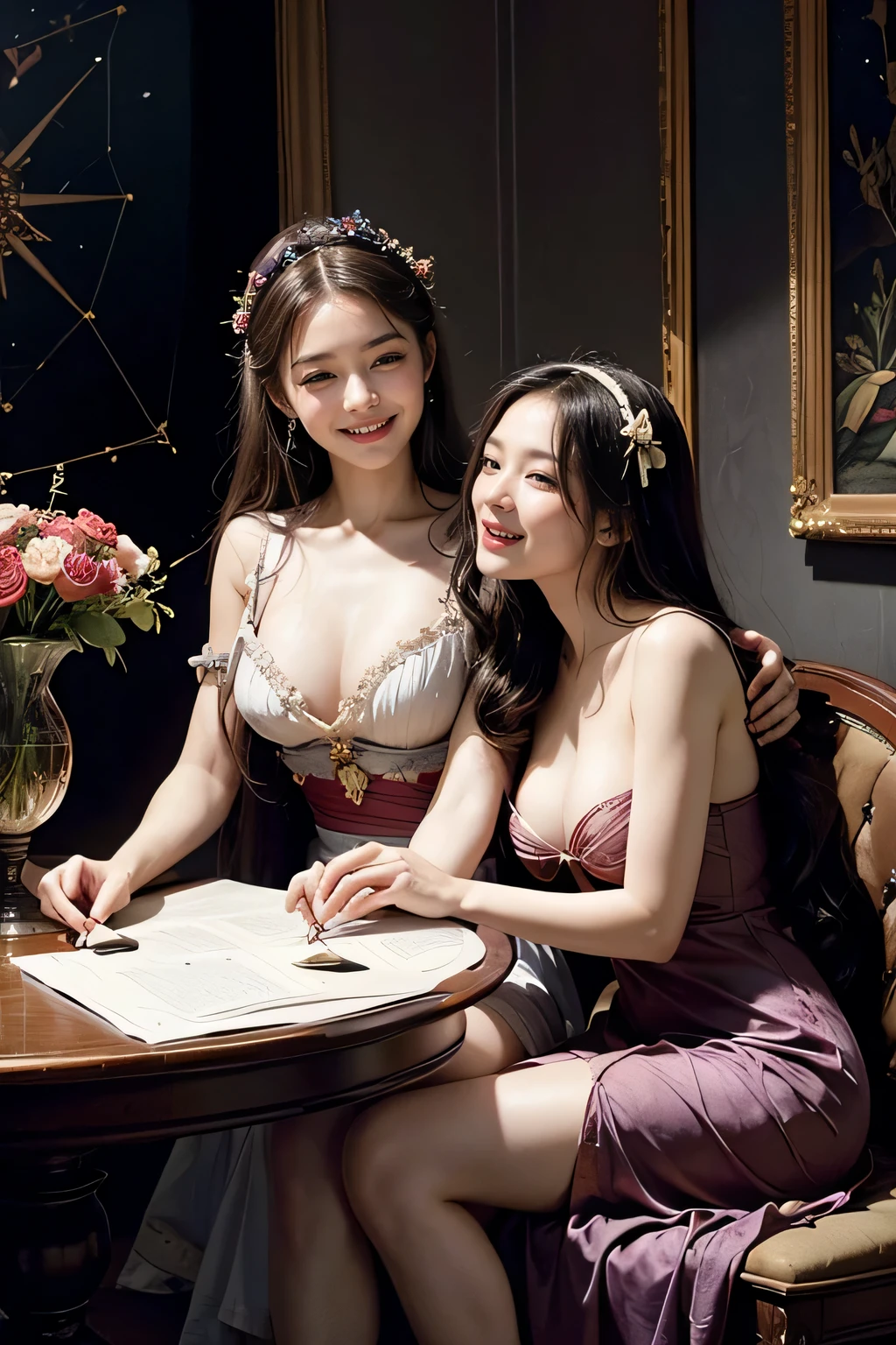 fruits,grapes,rosa,antique,laughter,,sweet and seductive appearance.、caravaggioの絵画、caravaggio&#39;chiaroscuro,Two women having fun,cute笑顔, expression of ecstasy,geometry,Stained glass,12 constellations,Vigée Leblanc style,math、astronomical tools,astronaut,roses in vase,fruits,cute,laughter,ancient greek costume,Sandro Botticelli paintings,Outfit with extended shoulders,big smile,big and full breasts,expression of ecstasy,sexy