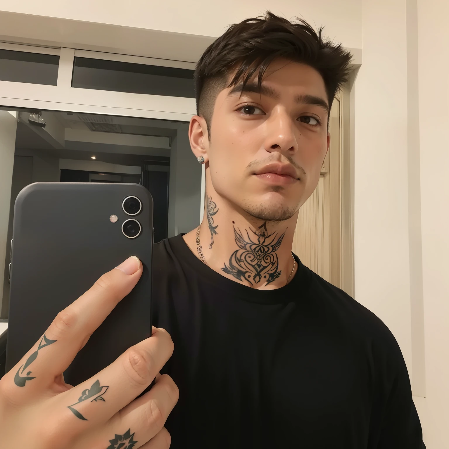 fit man with a tattoo on his neck taking a selfie, mateus 9 5, estilo de seb mckinnon, I agree with you, 1  de 7 anos, rosto magro, com tatuagens, Asher Duran, Sidney Lugo, caio santos, twitch streamer / jogador ludwig, aykut aydogdu, ele tem cerca de 2 0 anos