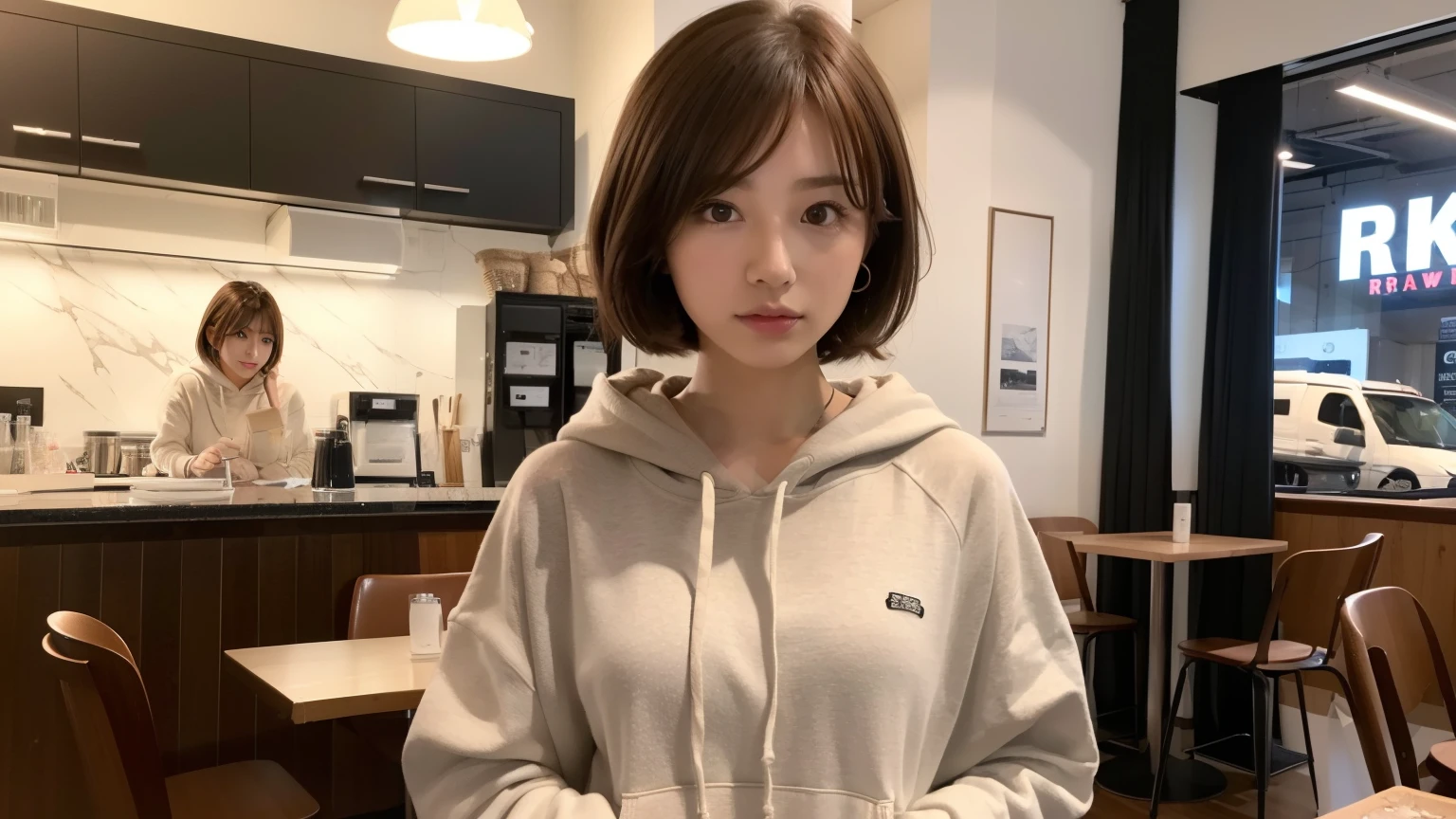 (8K, Raw photo, highest quality, masterpiece:1.2), (realistic, photo-realistic:1.4), (Highly detailed 8K wallpaper), perfect female body, famous japanese idol, 20 year old girl, 1 person, japanese model, medium short hair, messy hair, light brown hair, hoodie,Inside a stylish cafe