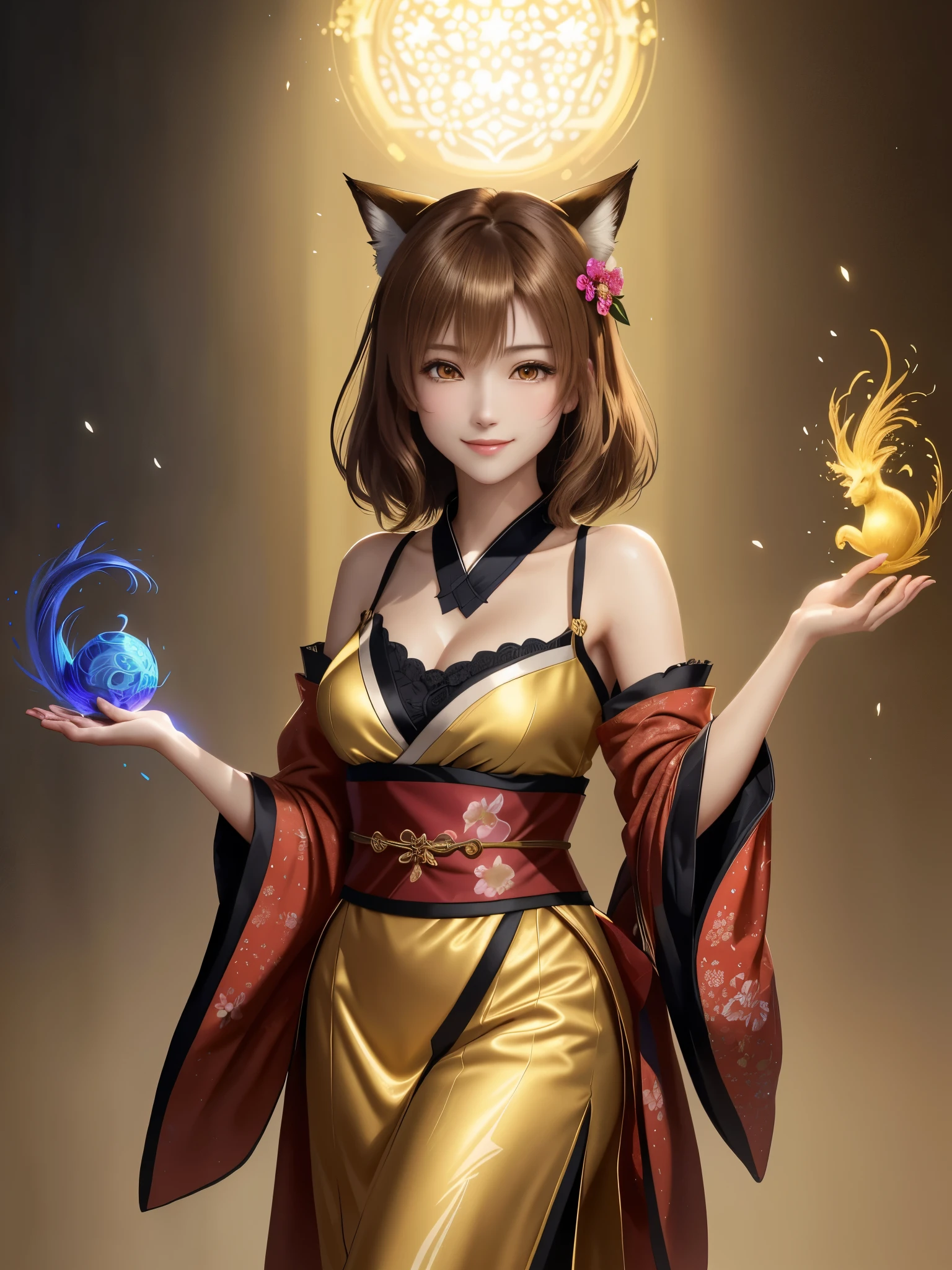 masterpiece , best quality,smile,smile,small face,shoulder exposure,golden kimono,less cleavage exposure,light brown hair,beautifully curled hair,slender body shape,brown eyes,Contrast faithfully reproduced,short hair,Beautiful short hair,Berry Short,short cut hair,just one person,precision quality,Faithfully reproduced eyes, The surroundings are shining gold,golden aura around the body,golden shining background,masterpiece,night,nightの背景,golden background,cherry blossom background,beautiful details, colorful, delicate details, delicate lips, intricate details, genuine, ultrargenuineista, 枝に座っている色とりどりの髪のFoxを持つ女の子:Mature, bright eyes, ,色とりどりのFox, raposa de nine tails, 三尾Fox, 三尾Fox, onmyoji detail art, beautiful fine art illustration, mythical creatures, Fox, beautiful digital art,shrine maiden,hold hands,exquisite digital illustration, mizutsune, Inspired by mythical wild web creatures, pixiv in digital art, shining light, high contrast, Mysterious,