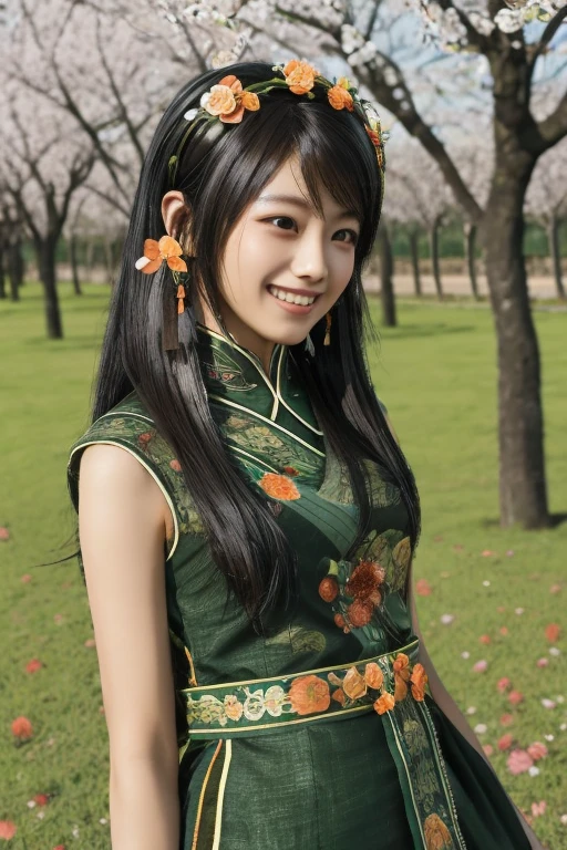 Guan Yinping, Lively，happy, black发, brown eyes, hair accessories, hair flower, Green roof, forest, Half body, black, 上Half body，pretty face，cute，laughing out loud，big peach tree，spring，picnic，beautiful girl