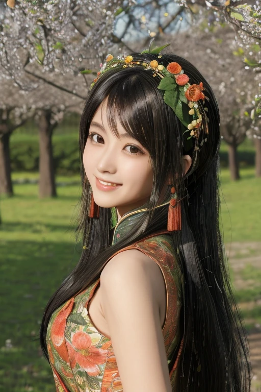 Guan Yinping, Lively，happy, black发, brown eyes, hair accessories, hair flower, Green roof, forest, Half body, black, 上Half body，pretty face，cute，laughing out loud，big peach tree，spring，picnic，beautiful girl