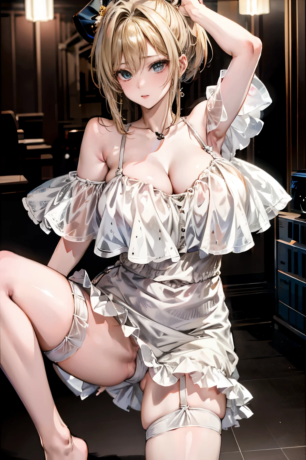 (((best image quality,highest quality,T Masterpiece)))、1 girl 1 person、((very big breasts:1.4))、beautiful crotch、Korean idol types、Beautiful woman、((inside the room:1.4))、((girl standing on one leg:1.7))、(anime)、((standing split:1.6))、detailed body、(blonde hair:1.3)、((radio control:1.6)) 、((ponytail:1.35))、(garter belt:1.3)、long hair、lipstick、blush、very sweaty、choker、earrings、nipple election、detailed background