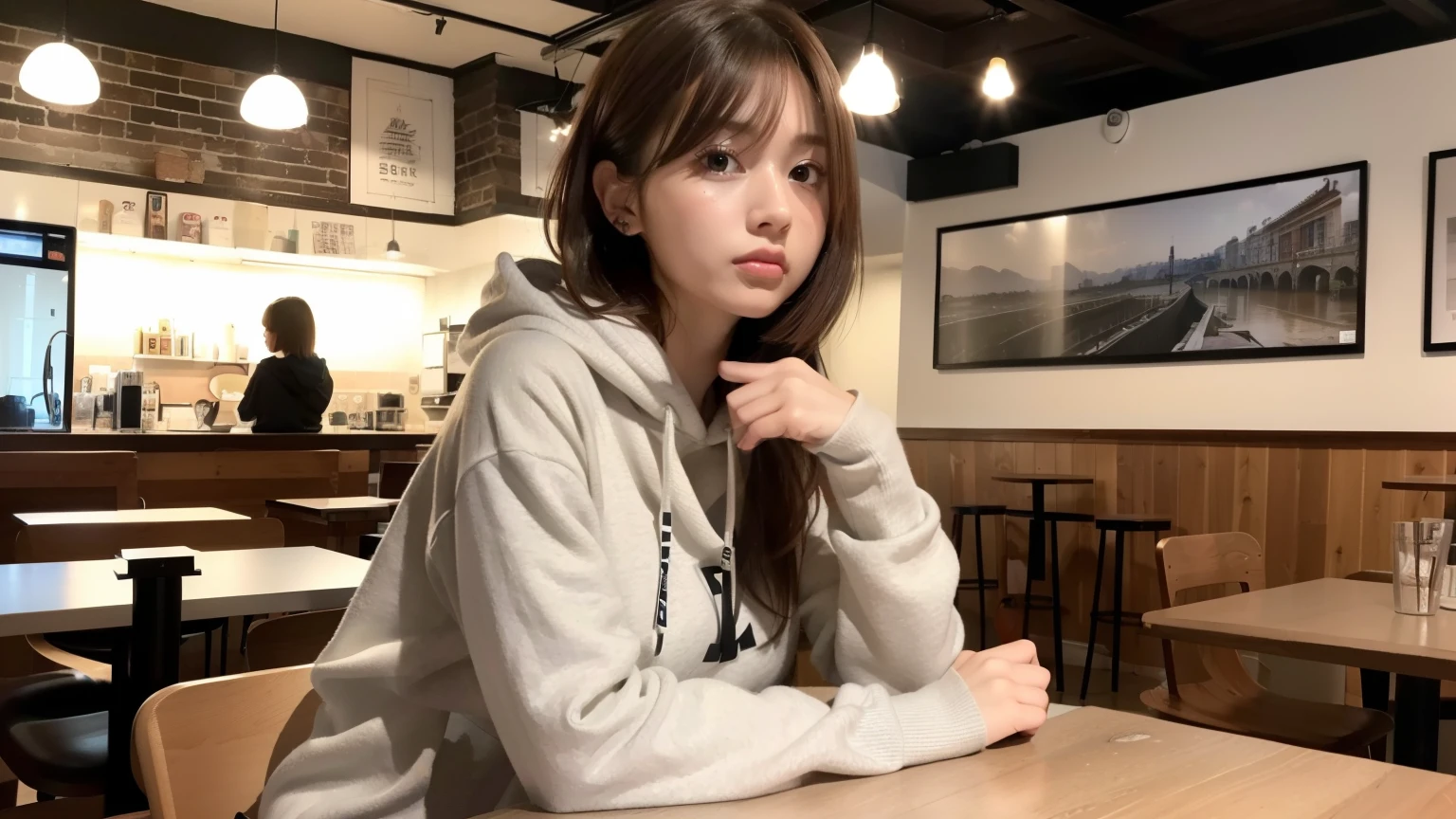 (8K, Raw photo, highest quality, masterpiece:1.2), (realistic, photo-realistic:1.4), (Highly detailed 8K wallpaper), perfect female body, famous japanese idol, 20 year old girl, 1 person, japanese model, medium short hair, messy hair, light brown hair, hoodie,Inside a stylish cafe,A busy cafe