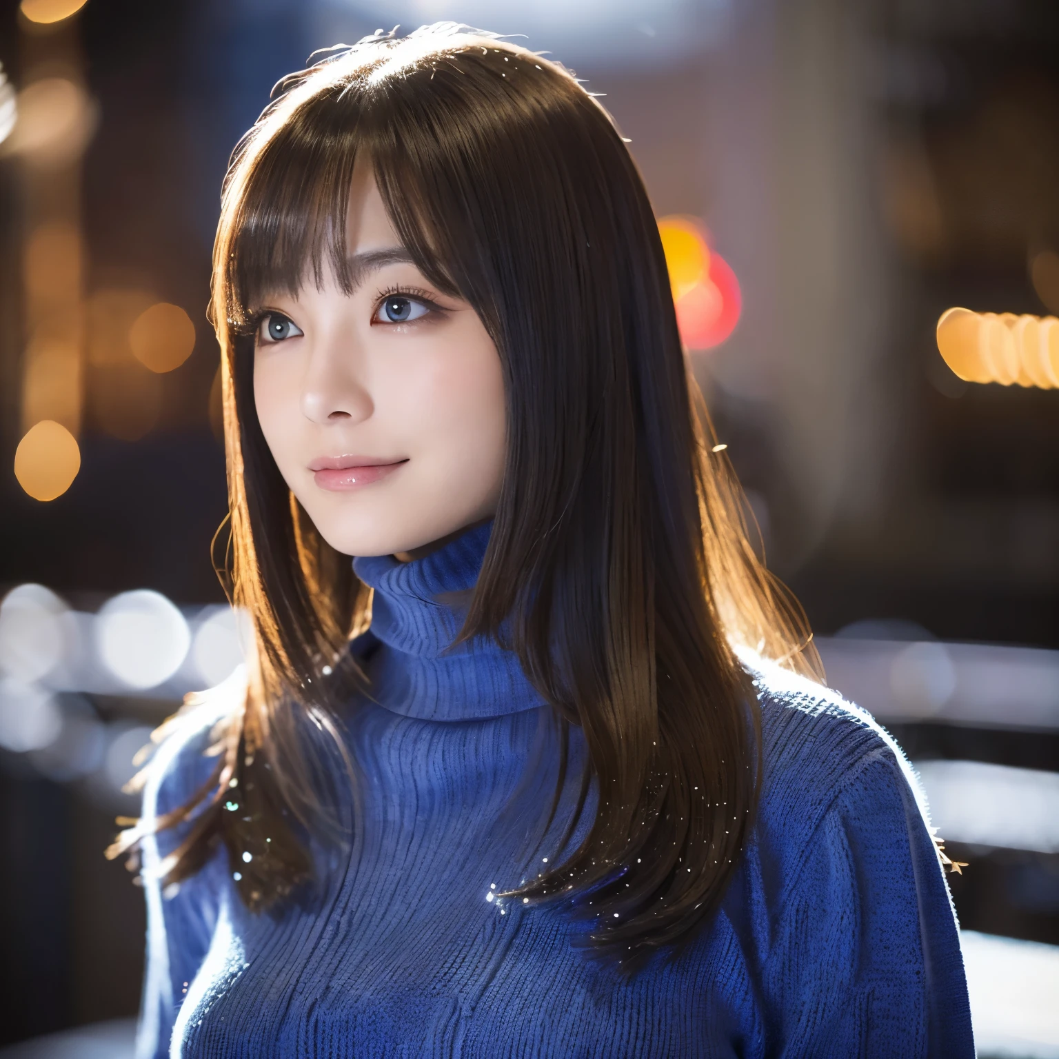 (highest quality、table top、8K、best image quality、Award-winning work、ultra high resolution)、1 girl、(Blue Turtleneck Knit:1.3)、epic movie lighting、very moody and romantic lighting、(It&#39;s snowing:1.1)、(Norwegian snowy city at night:1.1)、Glittering night view of Norway、blurry night view、perfect anatomy、(very big breasts:1.1)、(emphasize a large bust line:1.1)、(very big breasts:1.1)、slender body, beautiful smile looking at me、perfect makeup、long eyelashes、ultra high resolutionの煌めく瞳、ultra high resolutionの髪の毛、ultra high resolutionの艶のある唇、ultra high resolutionの美しい歯、ultra high resolutionの可愛い顔、blurred background、Premonition of romantic love、The most moody warm lighting、(close up of face:1.5)、(look at me and smile:1.1)