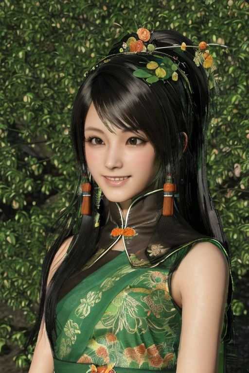 Guan Yinping, Lively，happy, black发, brown eyes, hair accessories, hair flower, Green roof, forest, Half body, black, 上Half body，pretty face，cute，laughing out loud，big peach tree，spring，picnic，beautiful girl