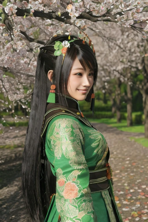 Guan Yinping, Lively，happy, black发, brown eyes, hair accessories, hair flower, Green roof, forest, Half body, black, 上Half body，pretty face，cute，laughing out loud，big peach tree，spring，picnic，beautiful girl