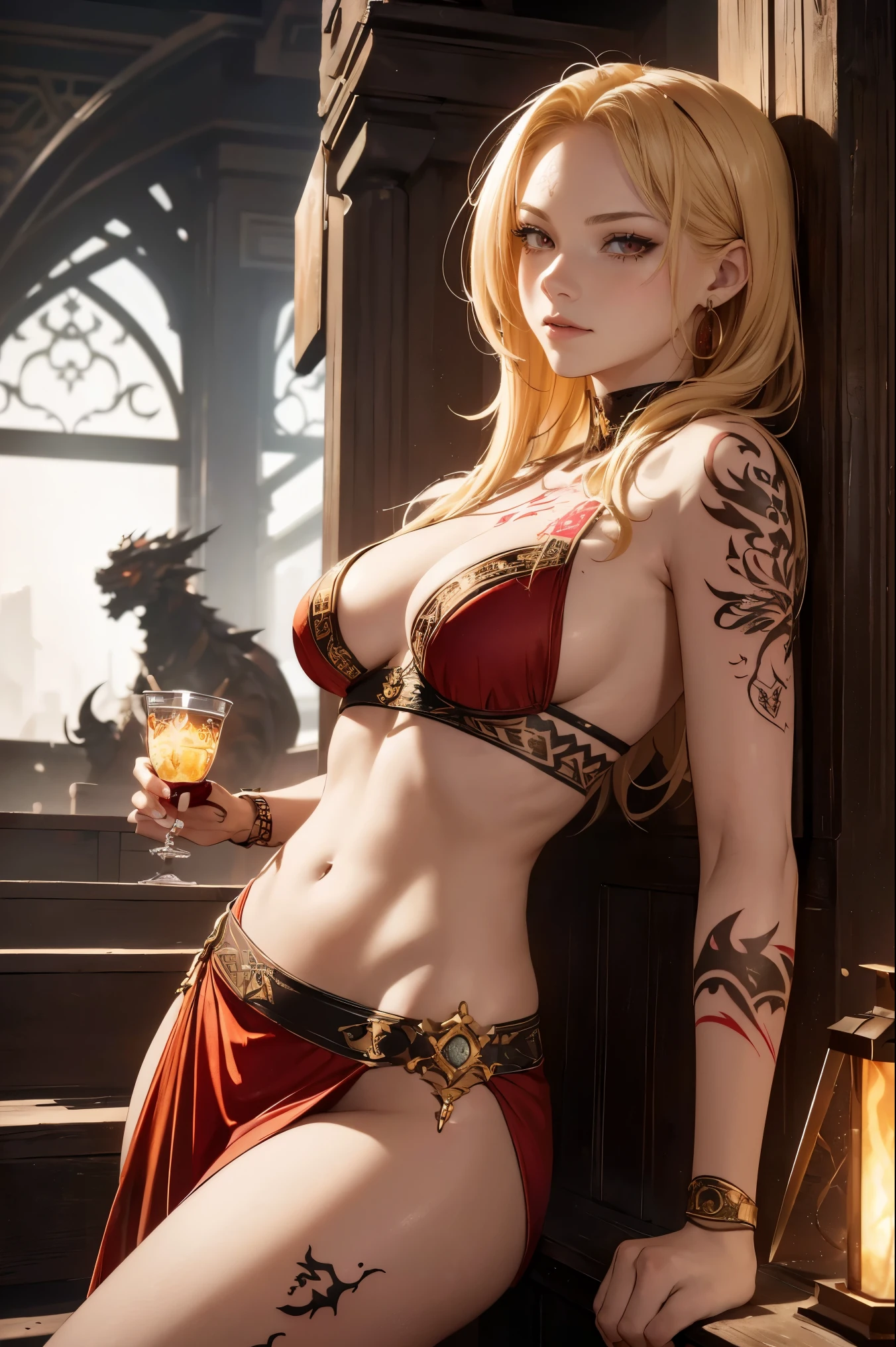 Masterpiece, top quality, dragon, one girl \(\) golden blonde hair and red eyes,((eastern dragon glaring at the girl)), masterpiece, best quality, high quality,(red eyes with dark red glow), (in profile), (in profile), (darkness:1.2), abstraction, deep sea, award-winning photography, depth of field, hdr, very detailed, trending in art station, Trending in CGsociety, Complex, High Detail,(Masterpiece:1.2, Best Quality)(Best Lighting, Very Delicate and Beautiful)(Best Lighting, Very Delicate and Beautiful)(Beautiful Detailed Face)(Detailed Face with Detailed Eyes:1.2), (Young Girl, huge Beast, 1girl, Solo, Crazy Smile, Pale Skin,G Cup,Cleavage,19 Piercings,(( tattoos all over body, tribal tattoos all over legs)) blonde golden hair, glowing red eyes, dynamic angle, vampires), depth of field),high contrast,cowboy shot,full body, ((rugged clothes)),rugged clothes or dress, looking homeless, rusty sword in hand,