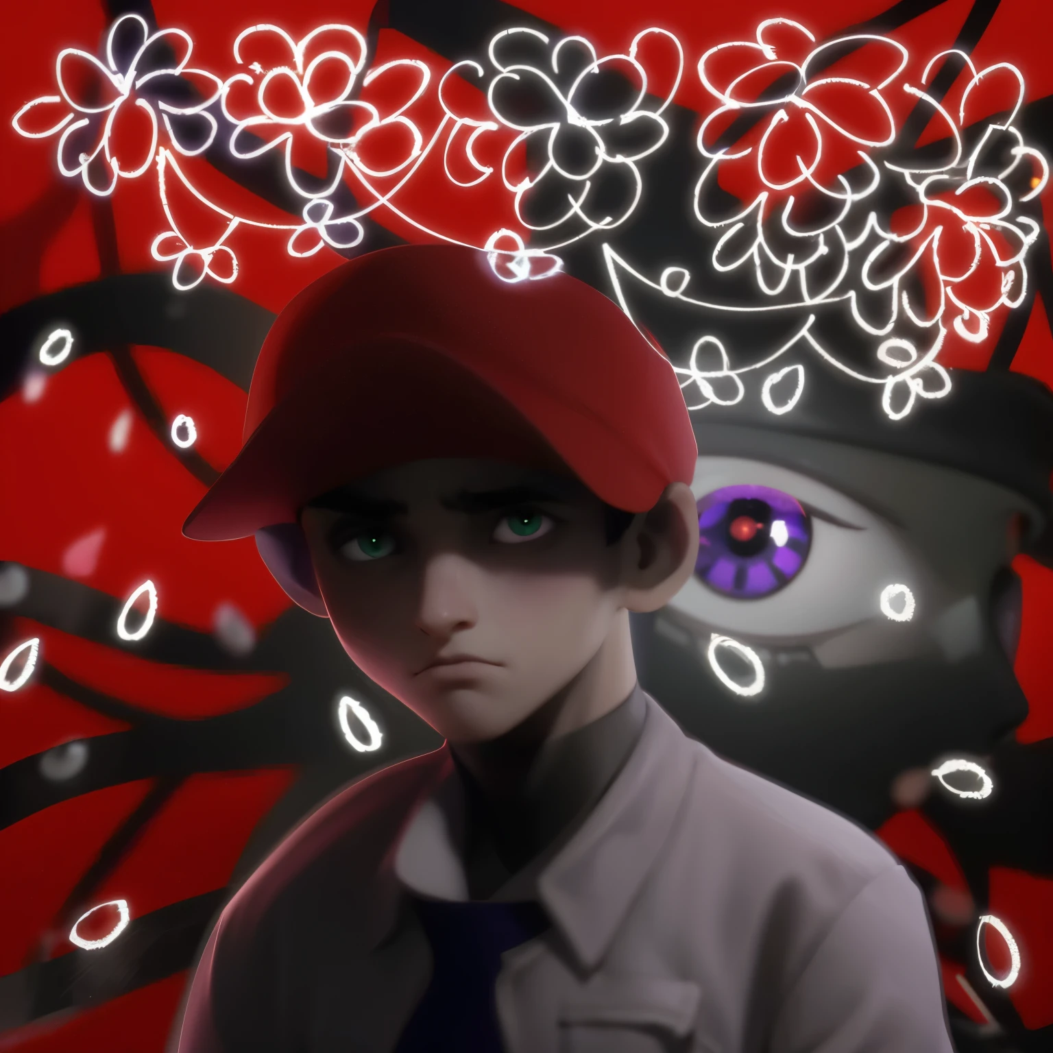 Man, green eye with red cap, uniform worker, black figure with purple eye at back