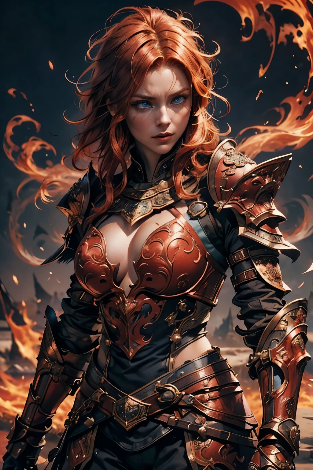 Create an image of a tall, muscular woman wearing gleaming plate armor. Her skin is fair and unblemished. (She has fiery red hair, cropped short in a practical style, and piercing blue eyes filled with wisdom and determination:1.5). The armor covers every inch of her body, leaving only her hands and face exposed, and is adorned with intricate etchings and filigree. On her chest, the symbol of Torm - a hammer surrounded by a circle - is prominently displayed. She moves with surprising agility and precision, radiating strength and grace. (SFW:1.5)