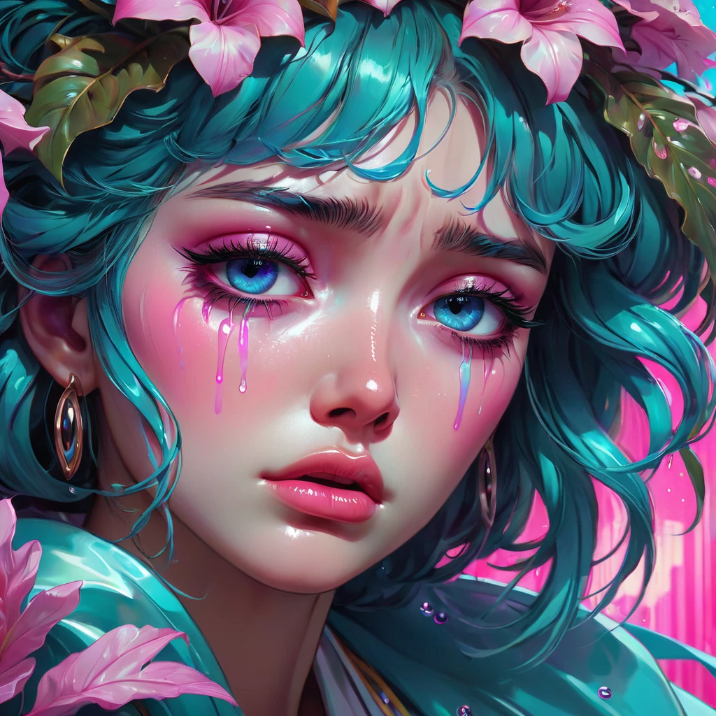 crying, aesthetic, extremely detailed, Crying eyes, sweet, vaporwave aesthetic, synthwave, digital painting, artstation, concept art, smooth, sharp focus, illustration, art by artgerm and greg rutkowski and alphonse mucha