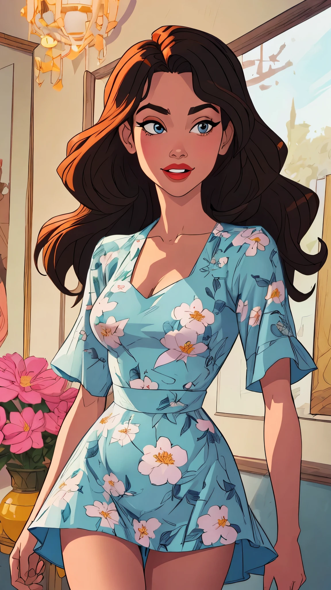 A woman in a vintage-inspired floral dress, her hair styled in loose waves, with a confident and radiant expression,cowboy shot, 
 masterpiece, best quality, intricate detail,      