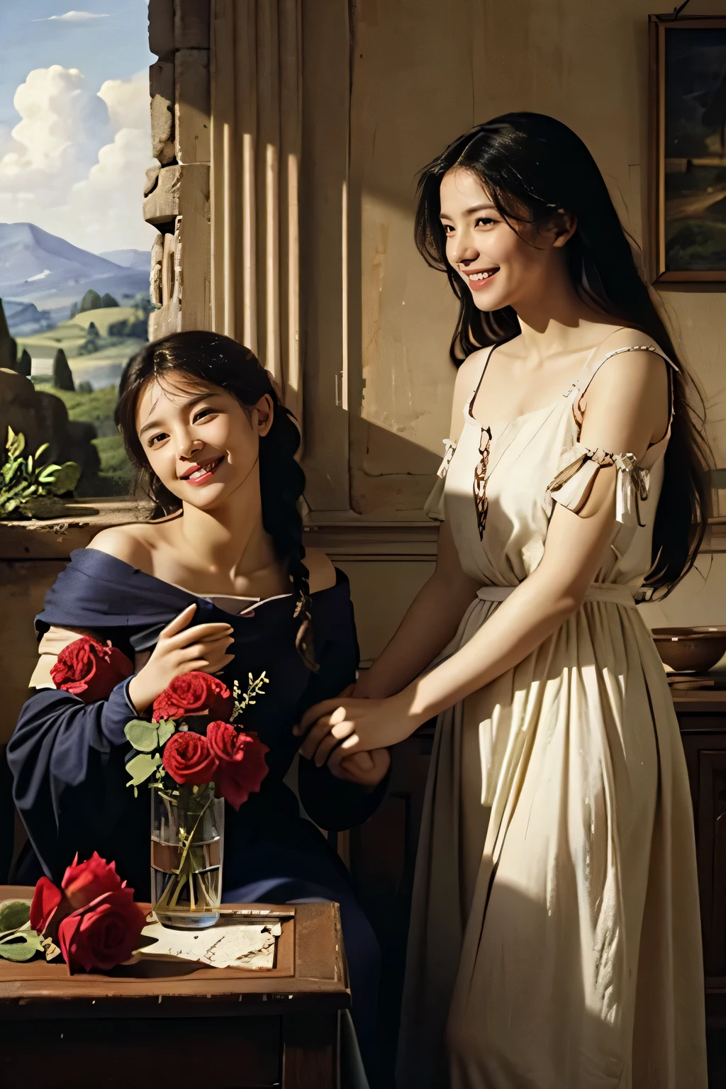 Giorgione&#39;s painting style,Discussion between two female philosophers,math、astronomical machine、astronaut、roses in vase、fruit、Cute trinkets、smile、ancient greek costume、Ancient Roman landscape in the style of Nicolas Poussin,laughter,,sweet and seductive appearance.、caravaggio painting、Caravaggio&#39;s chiaroscuro、My hair was messed up by the wind,two women having fun,cute smile, expression of ecstasy,sexy,erotic