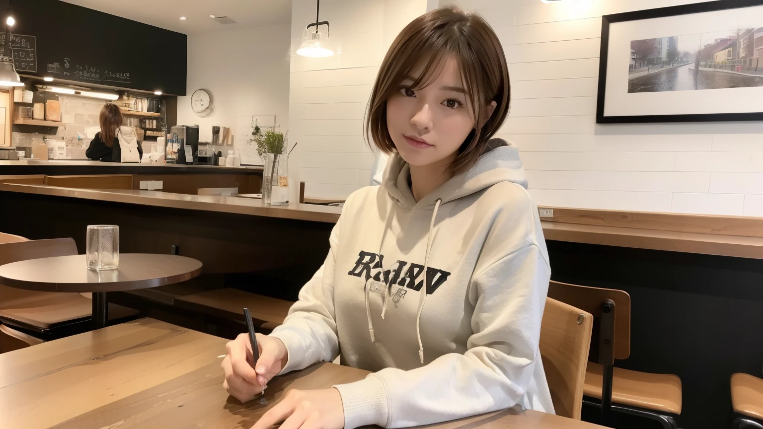 (8K, Raw photo, highest quality, masterpiece:1.2), (realistic, photo-realistic:1.4), (Highly detailed 8K wallpaper), perfect female body, famous japanese idol, 20 year old girl, 1 person, japanese model, medium short hair, messy hair, light brown hair, hoodie,Inside a stylish cafe,A busy cafe