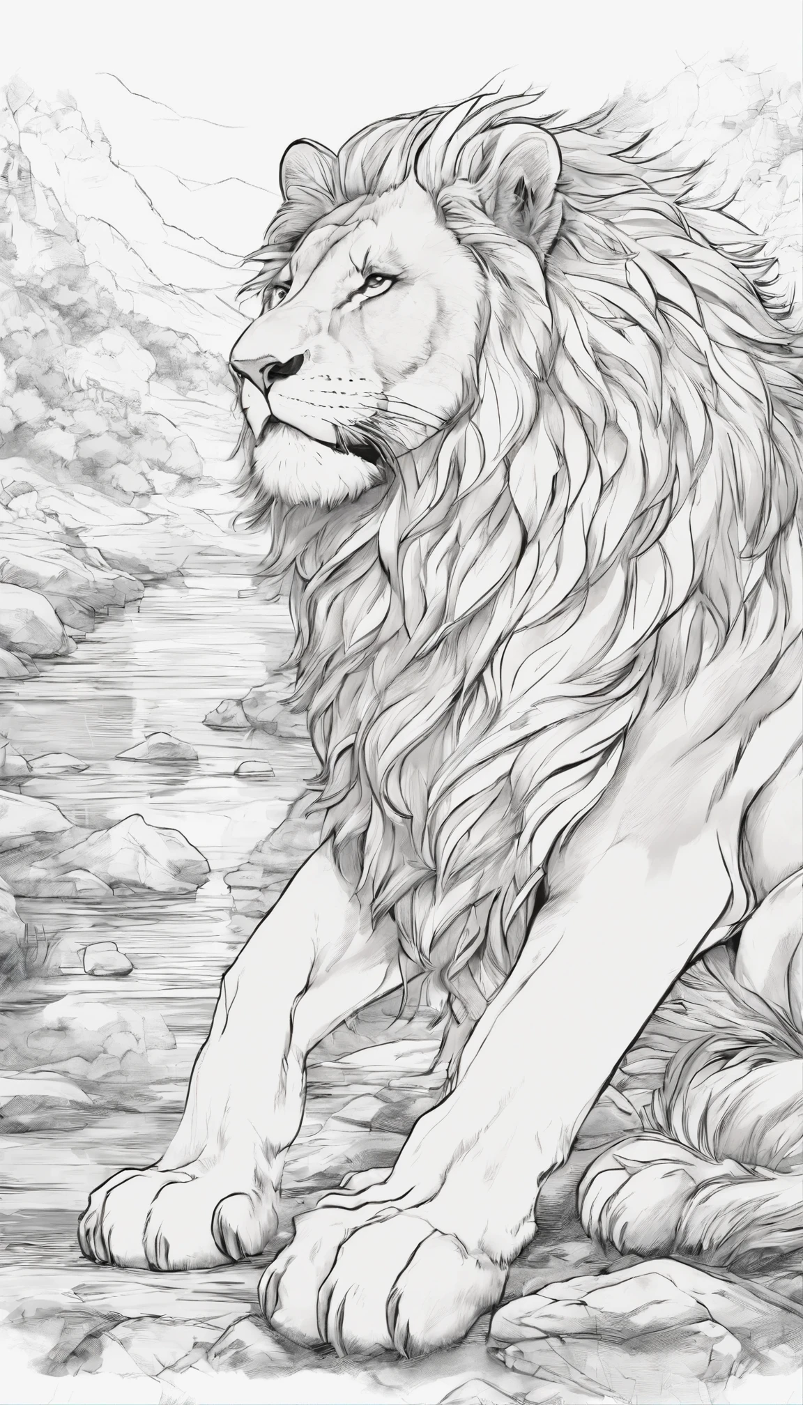 anime style，Medium shot scene，giant transparent lion，surreal，super realistic photos，chinese black and white ink style，pitch black，8K，super fine，high quality，OC renderer,黑白背景,monochrome,((sketch))