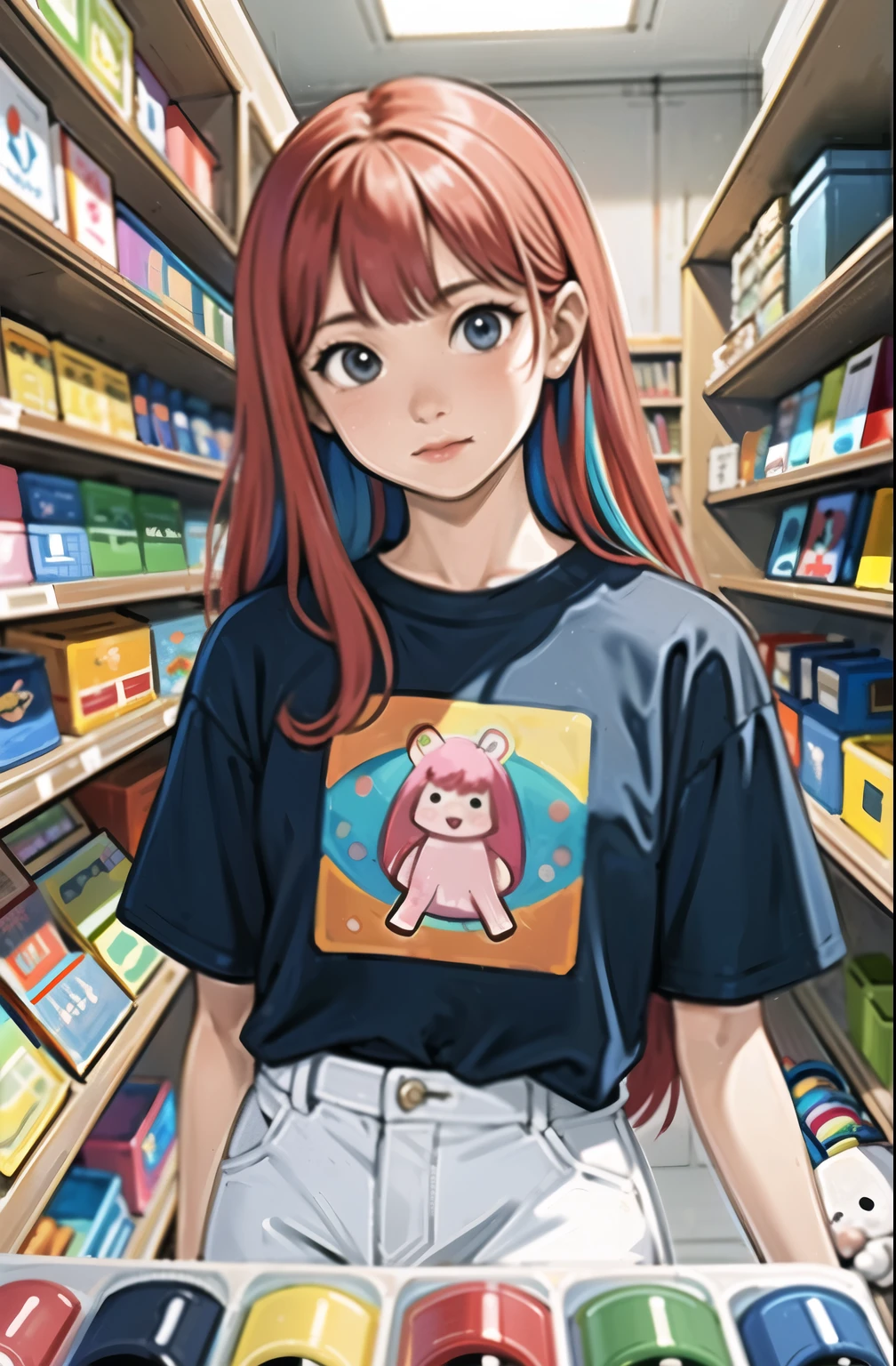 (masterpiece, Best quality), (colorful:1.4), Above, One, 1 girl stands at a store with many soft toys on the shelves, depth of field,Full head,T-shirt with pinkie,Cute, arcade store