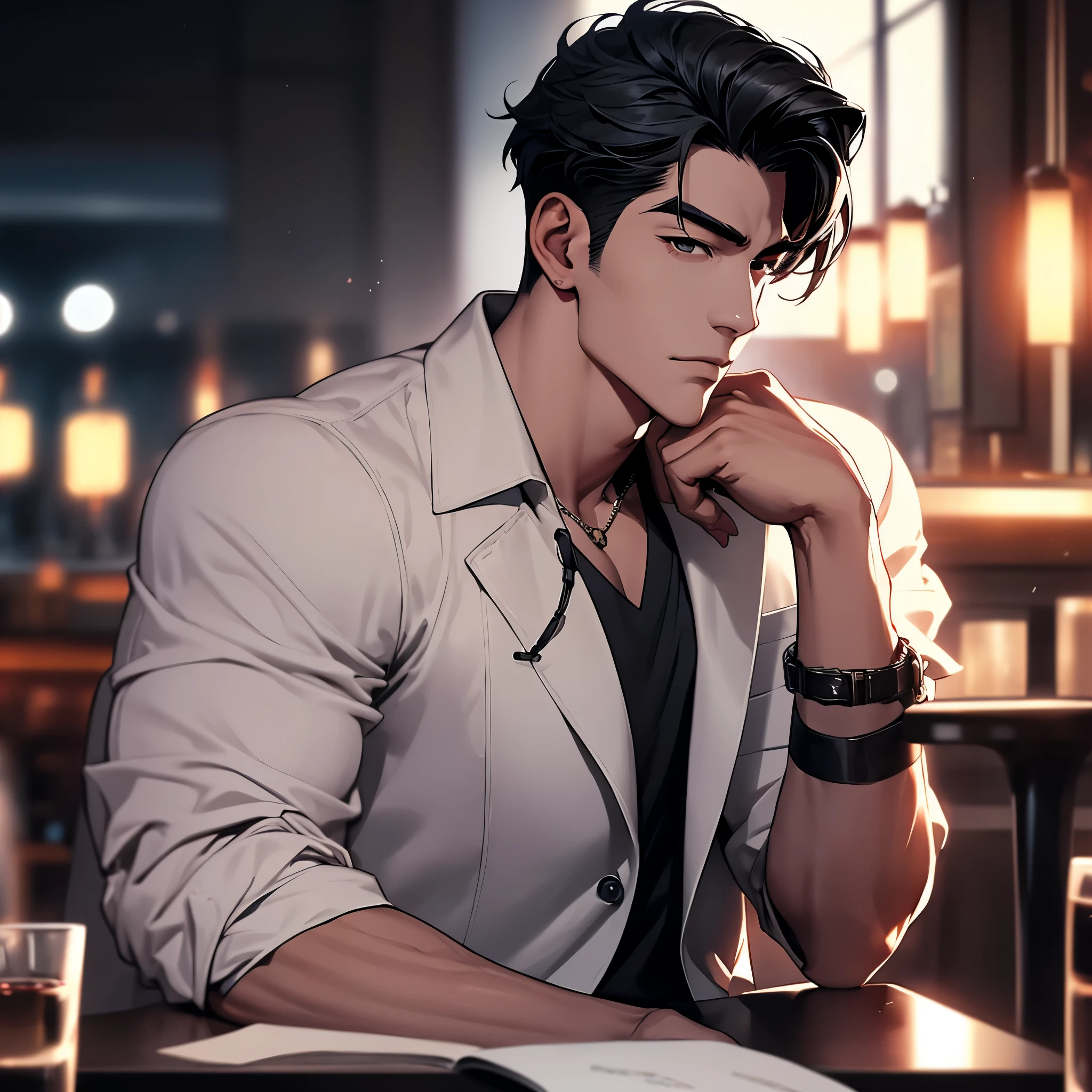 Perfect face, perfect fingers , manhwa style , male character 
, 4k , clean , face cool , black hair , Big muscle , black long coat , bar restaurant backdrop , sitting in a chair , table with a bottle of wine , romantic atmosphere