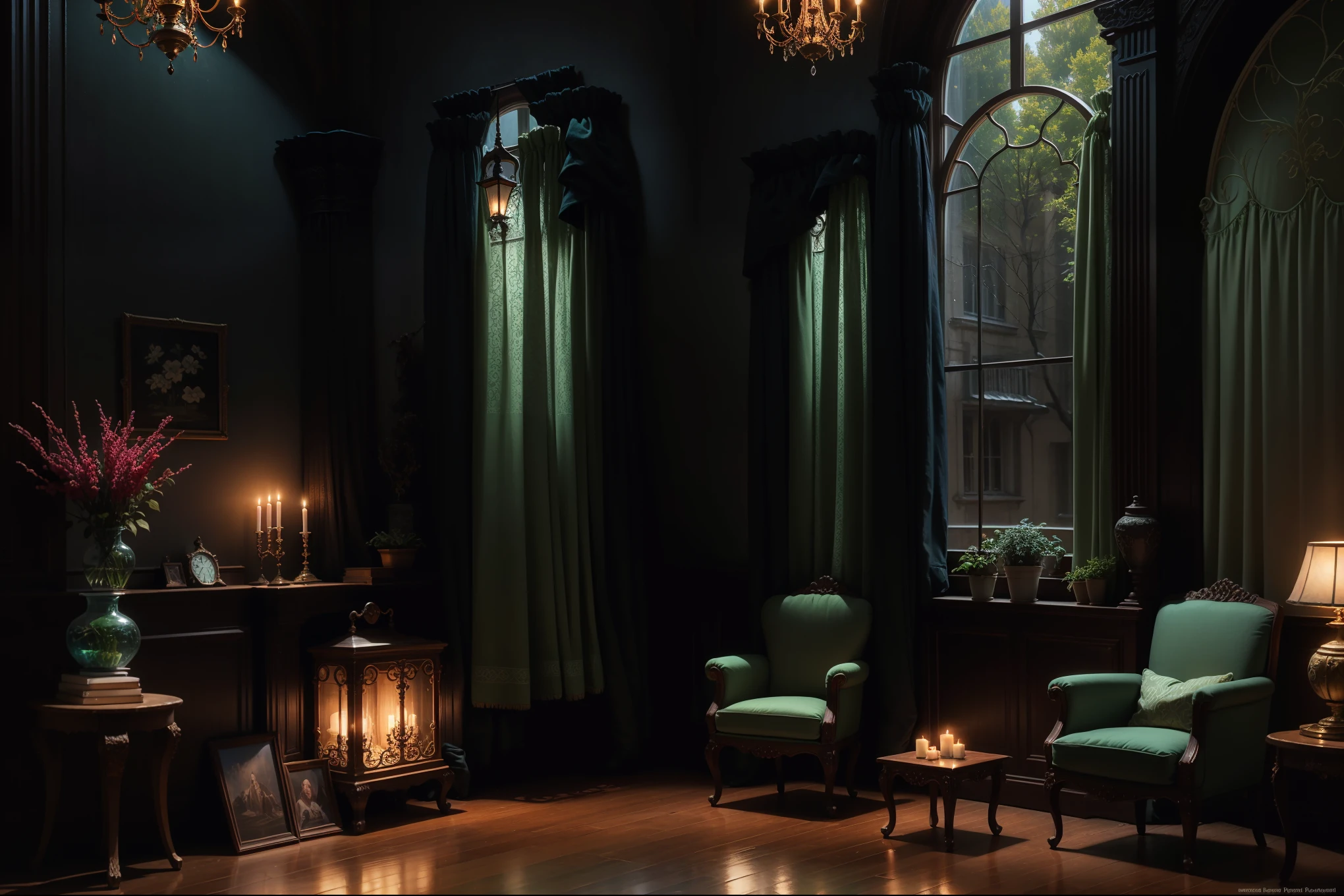 ((light green)) long curtains on the windows (velvet, bright color)