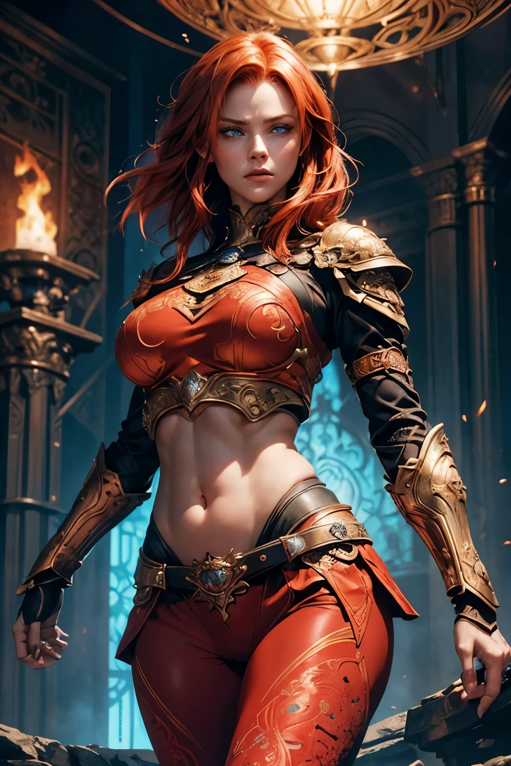 Create an image of a tall, muscular woman wearing gleaming plate armor. Her skin is fair and unblemished. (She has fiery red hair, cropped short in a practical style, and piercing blue eyes filled with wisdom and determination:1.5). (The armor covers every inch of her body, leaving only her hands and face exposed, and is adorned with intricate etchings and filigree:1.2). On her chest, the symbol of Torm - a hammer surrounded by a circle - is prominently displayed. She has her belly covered. She wears leggings. She moves with surprising agility and precision, radiating strength and grace. (SFW:1.5)