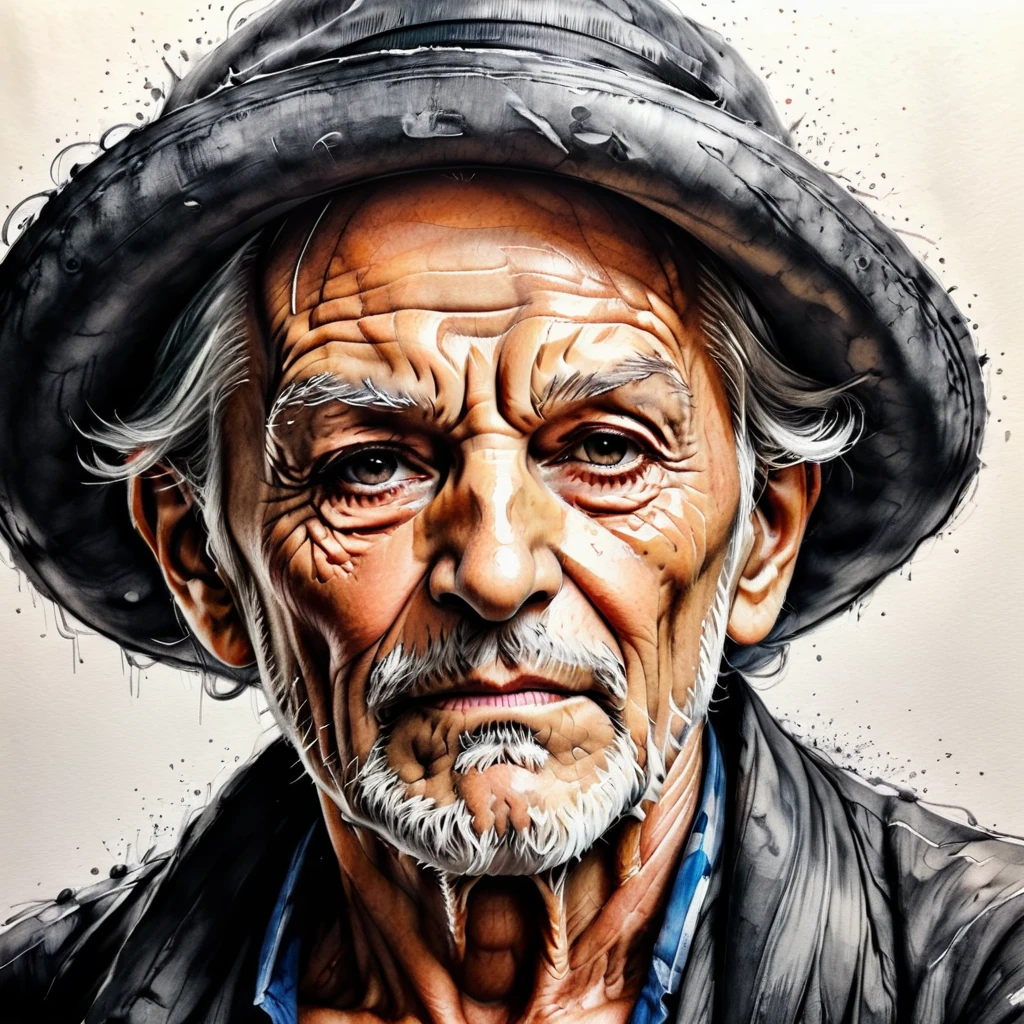 (best quality, ultra detailed) , one piece, old man, craying, haighly detailed portret, detailed pencil sketch, detailed 4K portret, wrinkled skin (detailed wrinkled), whit-gruy hair, sharp focus,  black-white color, realism drawing, paper material background.