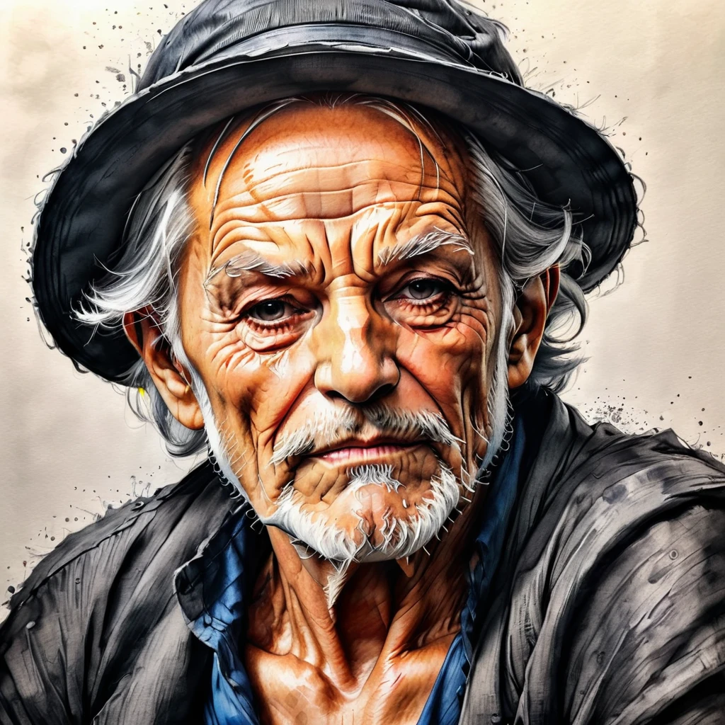 (best quality, ultra detailed) , one piece, old man, craying, haighly detailed portret, detailed pencil sketch, detailed 4K portret, wrinkled skin (detailed wrinkled), whit-gruy hair, sharp focus,  black-white color, realism drawing, paper material background.