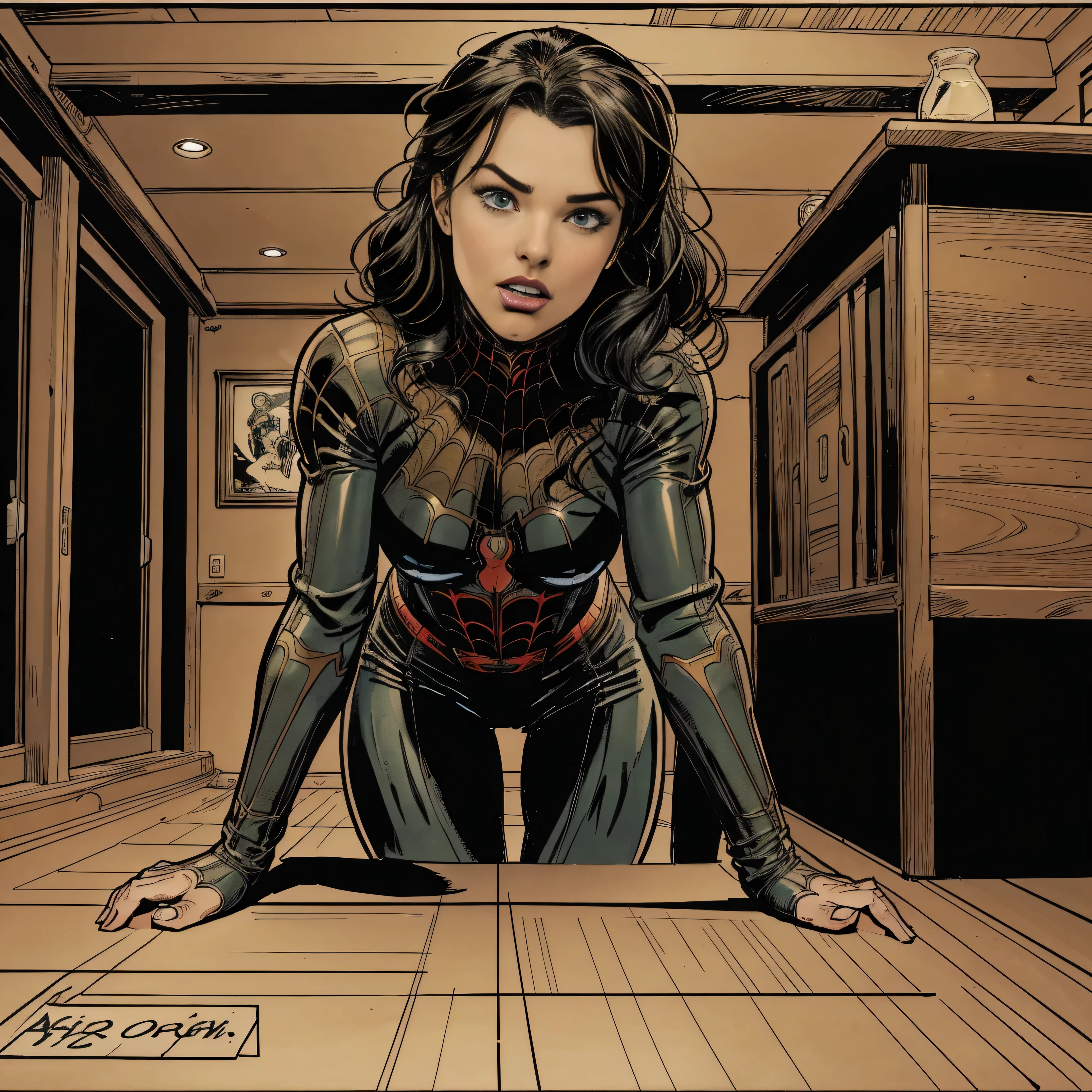 top quality, best quality, highres, masterpiece, super high resolution, detailed background, Casual reutaurant interior, part-time job, spiderman, absurdres(highly detailed beautiful face and eyes)perfect anatomy, good lighting, cinematic shadow, assorted expressions, assorted poses, assorted angles, full body, upper shot, dynamic angle(girls comic-like panel layouts, speech balloon, English text, Hand-drawn sound effects stickers used in girls comic),