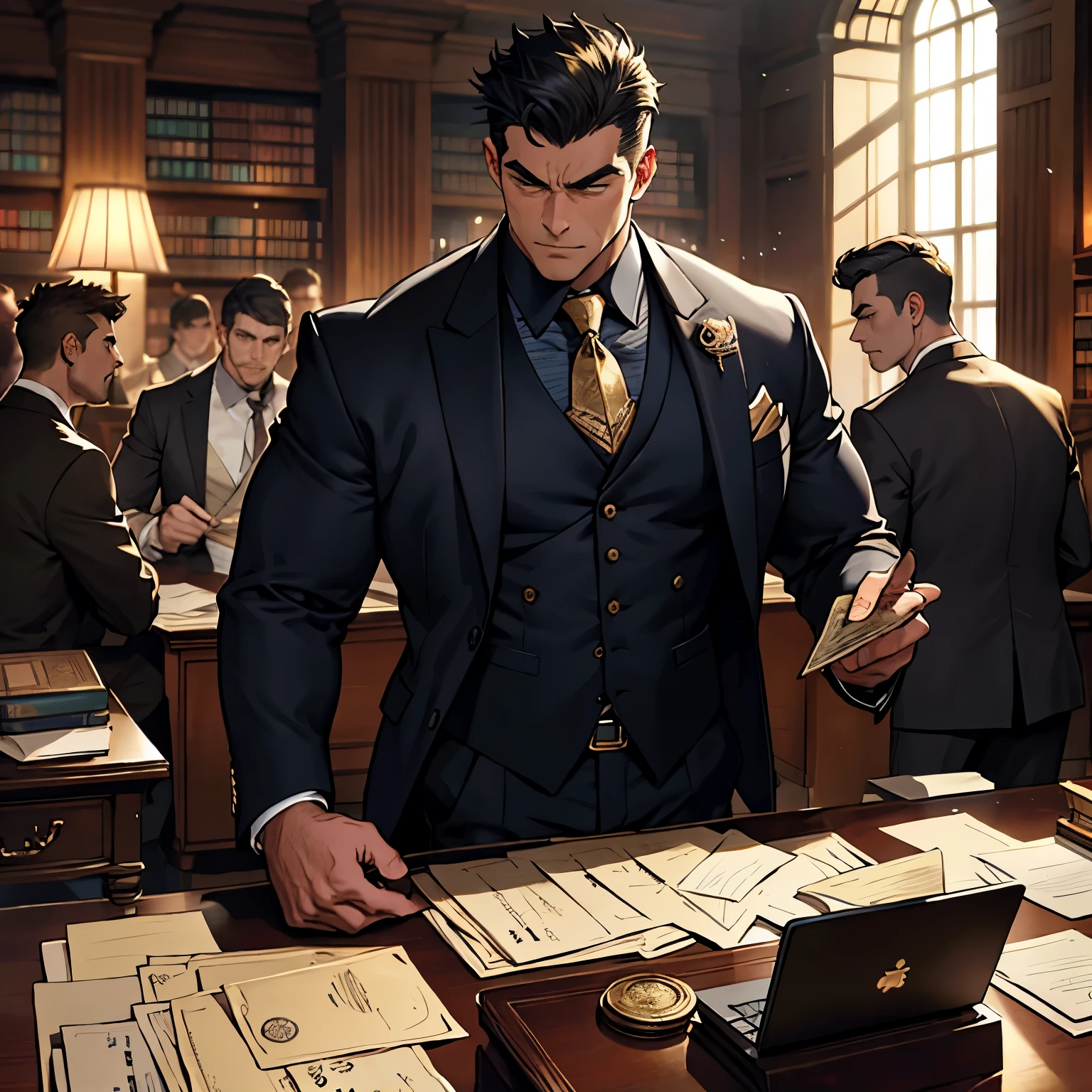 A muscular man, with defined muscles bulging under his tight suit, sits confidently on an antique desk in the middle of a serene library. Scattered around him, gold coins and paper money fill the air with an aura of wealth and power. The man's dark, intense gaze fixates on an open ledger in front of him, his thick eyebrows furrowed in concentration. Gold cufflinks glint on his wrist, and his suit jacket is casually thrown aside, revealing a hint of his toned abs. The faintly lit room casts long shadows behind him, emphasizing his dominant presence. The silence of the library is broken only by the sound of the man's deep breaths and