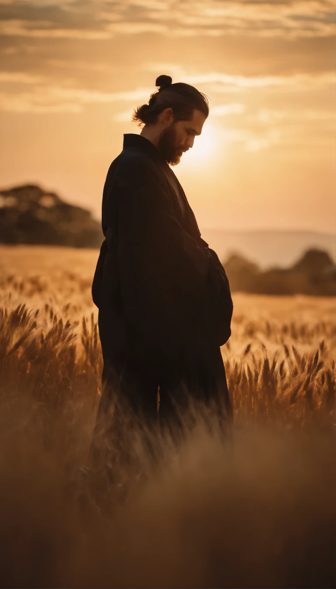 A bearded man in a kimono with a blank look stands waist-deep in a field of wheat, a black kimono with gold edges, his hair is tied in a ponytail, yellow eyes, the sunset is reflected in his eyes, the light falls on her face, half-sideways to the camera,