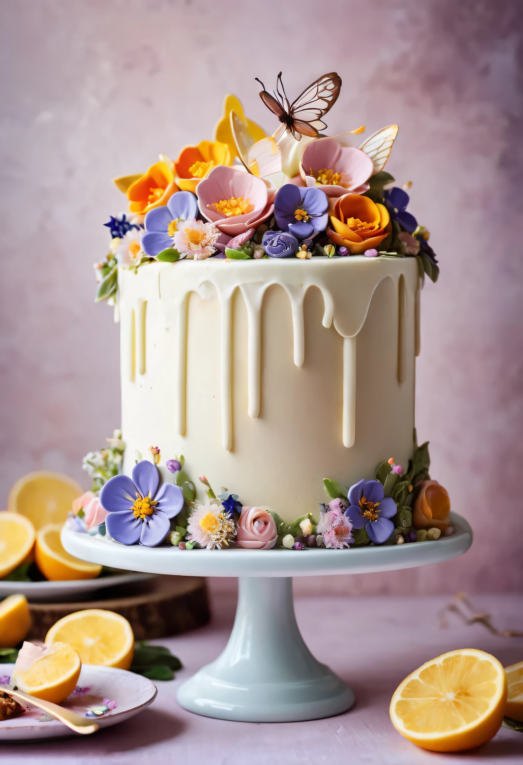 Food Photography of a whimsical birthday cake, exuding an air of enchantment. The cake is a work of art, featuring layers of sponge cake, frosted with smooth buttercream and adorned with edible flowers and delicate sugar sculptures. In the background, a playful group of fairies flit about, adding a touch of whimsy to the scene. The photograph is captured from a low angle, showcasing the cake's grandeur. The lighting is soft and warm, casting a gentle glow on the cake's intricate details. This stunning image was captured by Dina Belenko, known for her imaginative and surreal food photography. It invites viewers into a world of magic and deligh