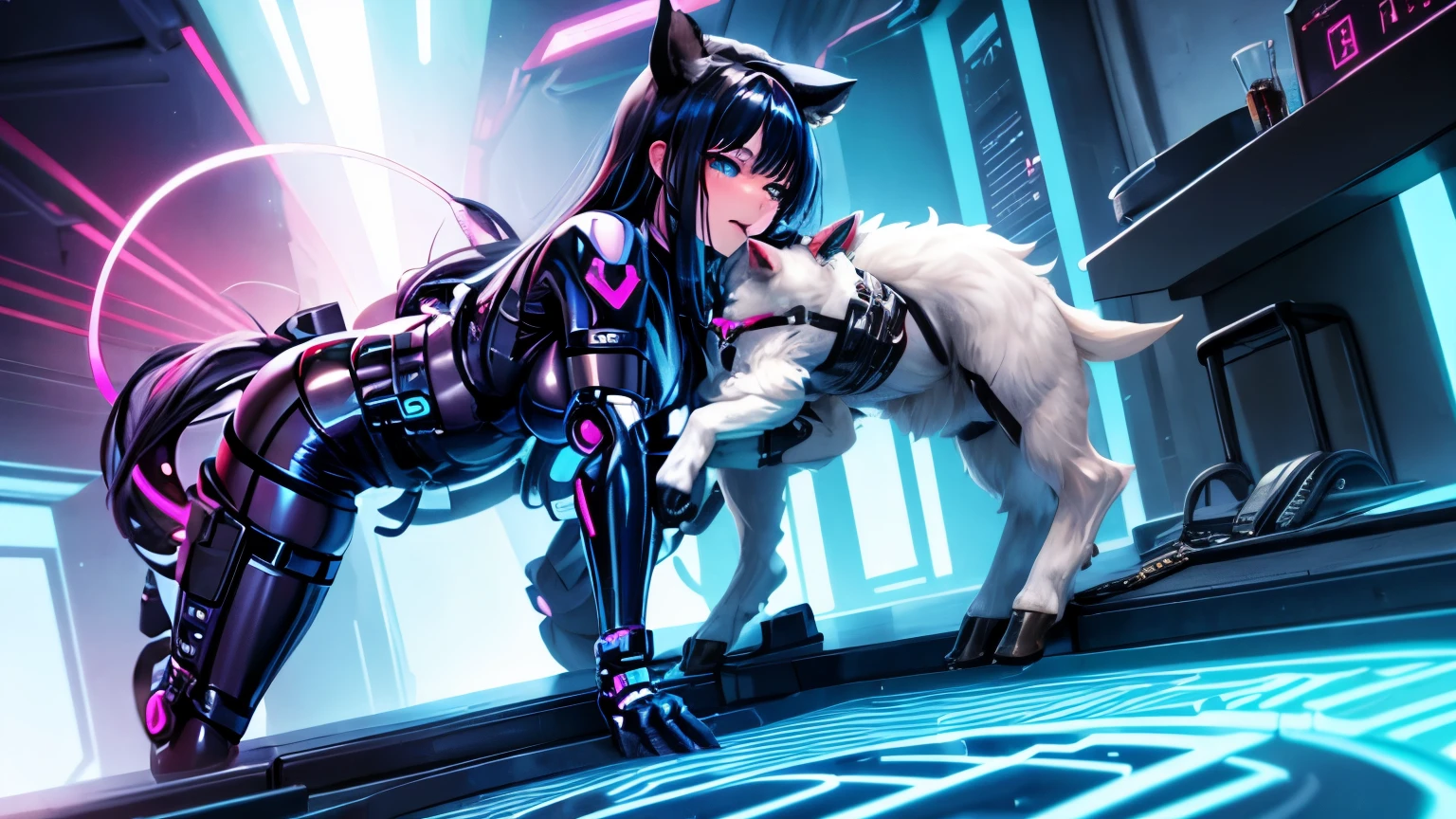 High contrast, Vivid colours, a Nekomata catgirl, solo, white ((twintail hair)), red iris (eyes), slender body, slender hips, big breasts, nipple contours, wearing full black ((heavy cyberpunk armor)) with deep red lighting, (black tech jacket)), black cyber cat ears woth deep red lights, science fiction, cyberpunk city in the background, black ((Skin Tight Armored ripped leotard with deep red lights)) In the Style of Cyberpunk 2077, outside, high view of a cyberpunk city, lots of Deep red lights in the city, squatting, towards the viewer, legs parted, visable cameltoe, visable vuvla, Ultra realistic photo, masterpiece, best quality, CG, wallpaper, HDR, high quality, high-definition, extremely detailed, {beautiful detailed face}, {beautiful detailed eyes}, (detailed light){{intricate detail}}, {highres}, ((detailed face)), deep Red lights, chiaroscuro, key visual, intricate detail, highly detailed, breathtaking, vibrant, cinematic