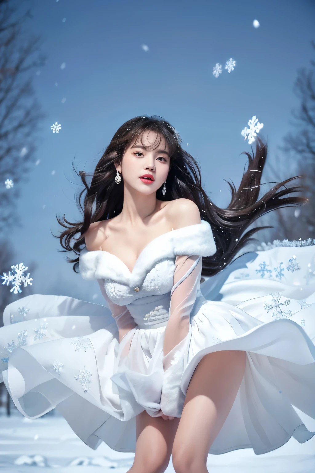 masterpiece、quality、Super detailed、Marilyn Takis，Focus on the thighs and above，Clear face，（Best quality at best）， beautiful girl：1.5、Red fluffy off-shoulder dress style，long hair flying，Snowflake earrings、snowflakes falling、Vague、snow world