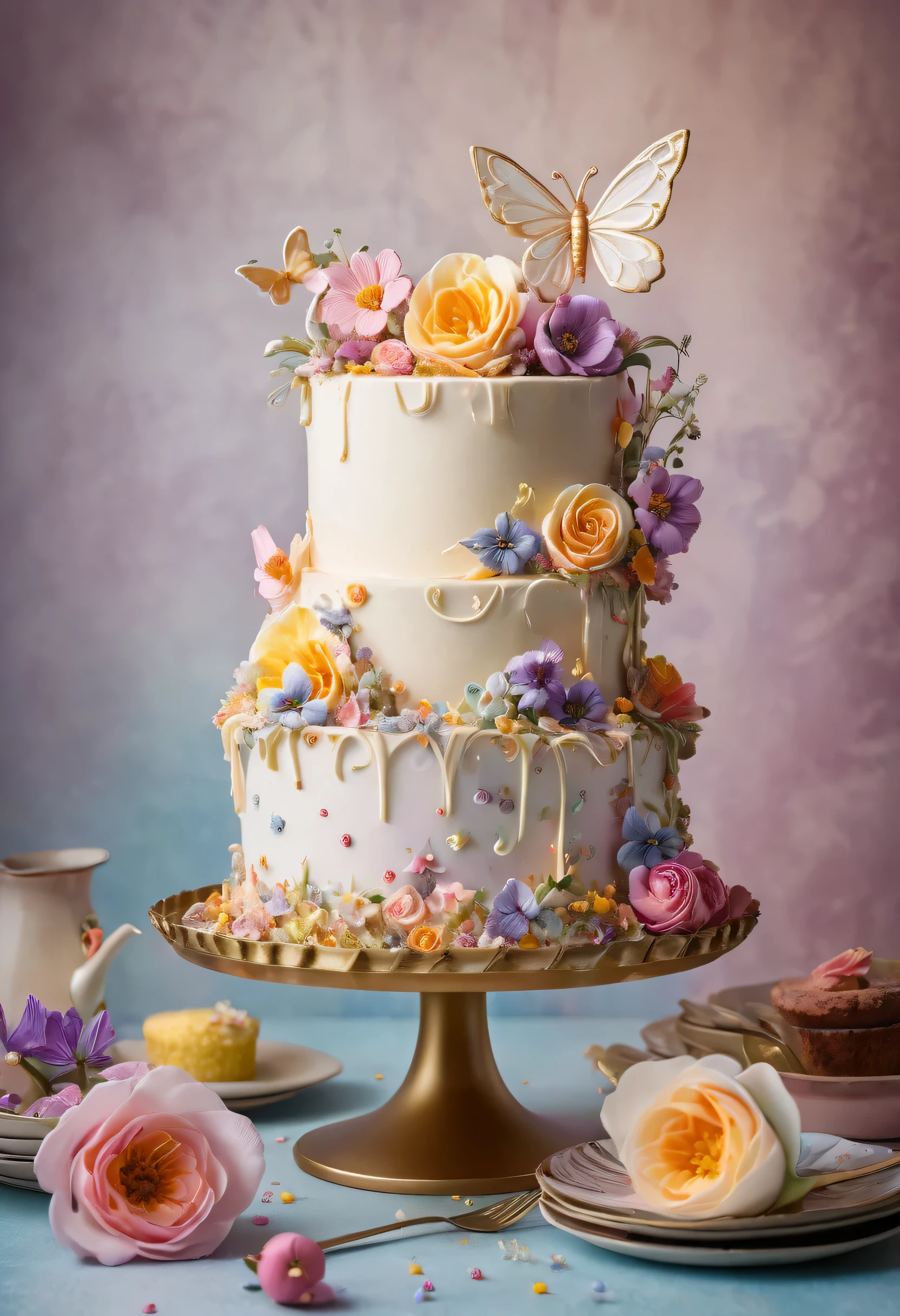 Food Photography of a whimsical birthday cake, exuding an air of enchantment. The cake is a work of art, featuring layers of sponge cake, frosted with smooth buttercream and adorned with edible flowers and delicate sugar sculptures. In the background, a playful group of fairies flit about, adding a touch of whimsy to the scene. The photograph is captured from a low angle, showcasing the cake's grandeur. The lighting is soft and warm, casting a gentle glow on the cake's intricate details. This stunning image was captured by Dina Belenko, known for her imaginative and surreal food photography. It invites viewers into a world of magic and deligh