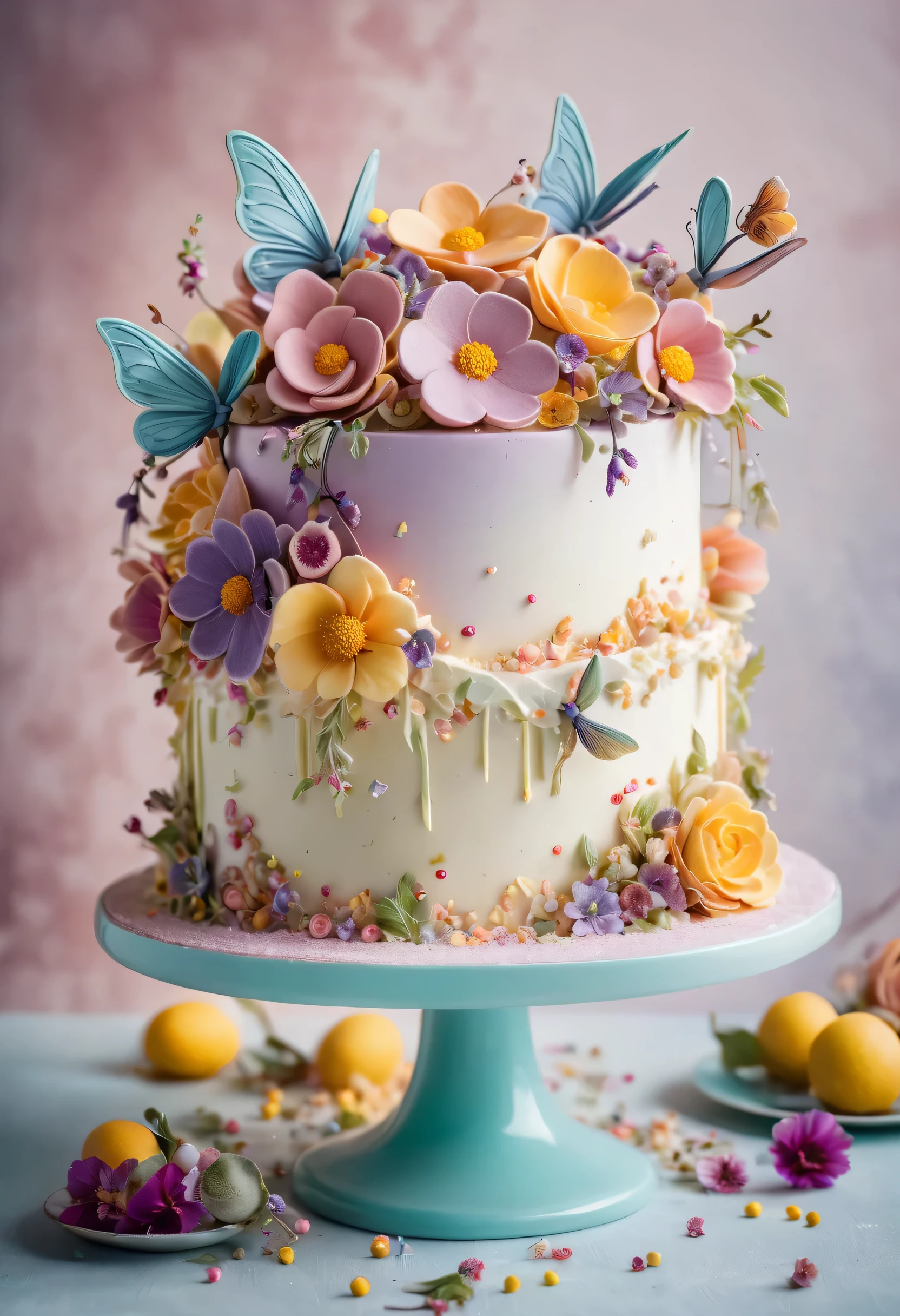 Food Photography of a whimsical birthday cake, exuding an air of enchantment. The cake is a work of art, featuring layers of sponge cake, frosted with smooth buttercream and adorned with edible flowers and delicate sugar sculptures. In the background, a playful group of fairies flit about, adding a touch of whimsy to the scene. The photograph is captured from a low angle, showcasing the cake's grandeur. The lighting is soft and warm, casting a gentle glow on the cake's intricate details. This stunning image was captured by Dina Belenko, known for her imaginative and surreal food photography. It invites viewers into a world of magic and deligh