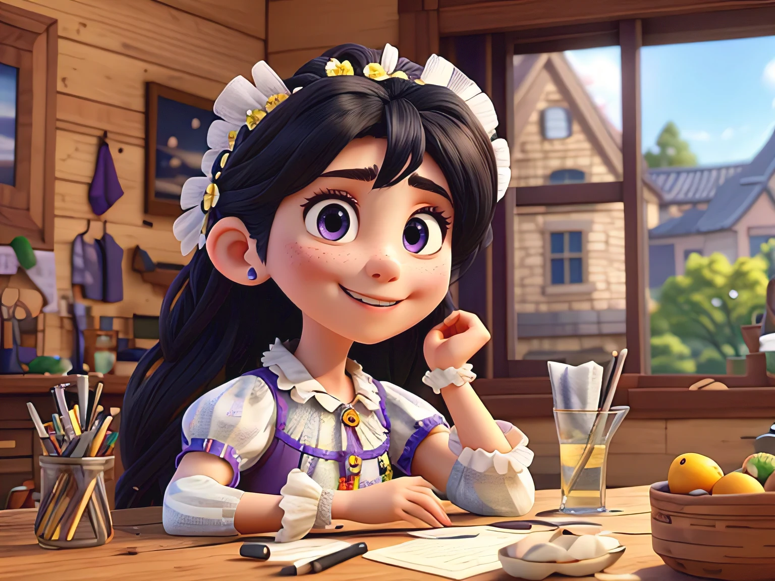 korean,realistic, masterpiece, final detail, photo realistic, intricate detail, octane rendering, 8K, 1Girl, full bodyperfect face, beautiful face, NSWF, trough reference, detail hair,, black bow, black gloves, black legs, blue eyes, blue hair, bow, collarbone, dress, drill hair, ruffles, ruffles, gloves, gwen, headdress, highres, long hair, parted lips, puffy sleeves, purple eyes, smile, solo, white dress, oil skin,