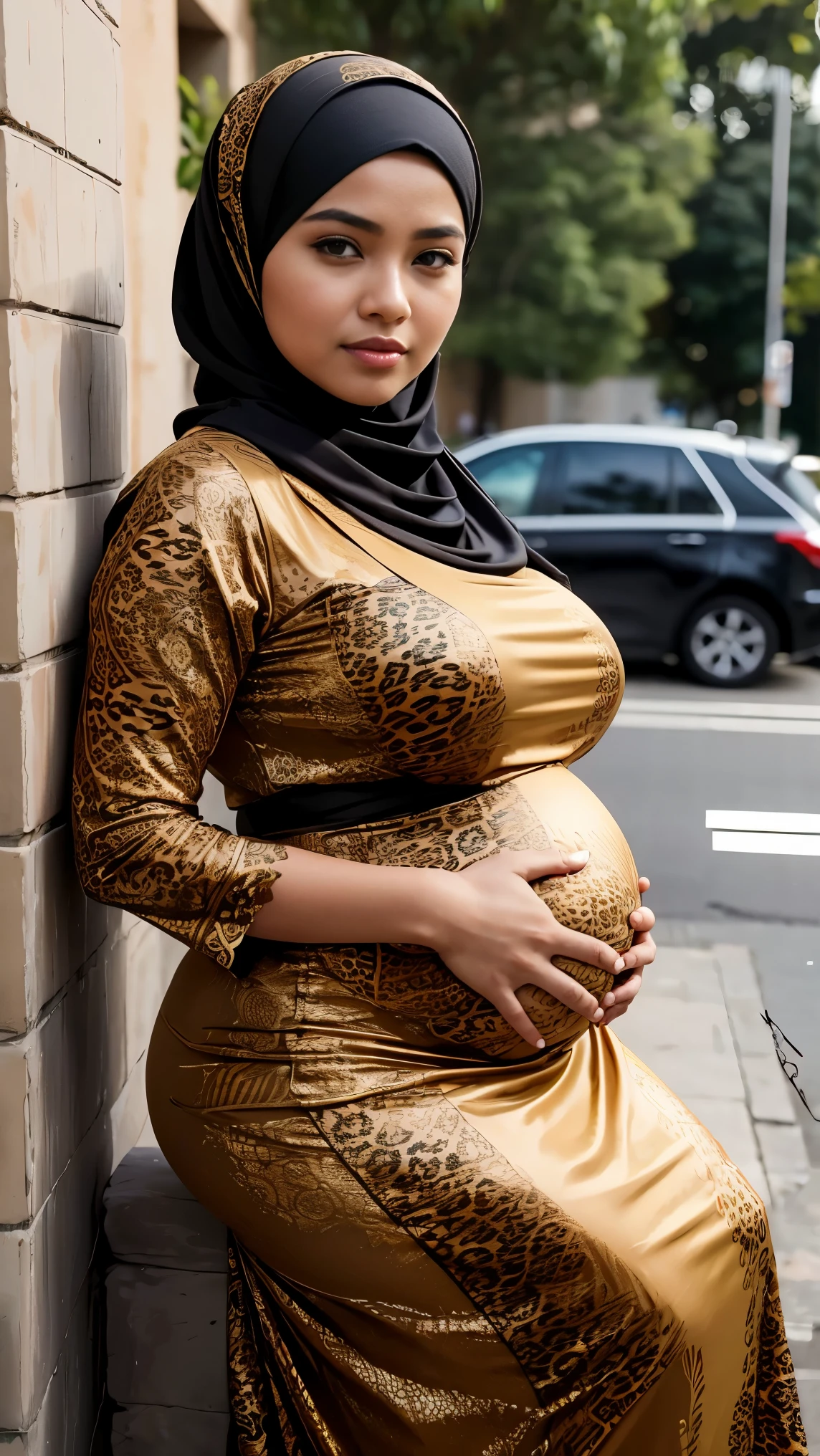 RAW, (Best quality, high resolution, work: 1.3), Beautiful Malay woman in hijab, perfect fit body, Big breast, (huge pregnant), Beautiful big eyes, Soft smile, beautiful face, slightly open mouth, thick thighs, beautiful buttocks, RAW, Best quality, high resolution, masterpiece: 1.3), beautiful Malay woman in hijab, Masterpiece, perfect fit body, big breasts, thick thighs, beautiful big eyes, Soft smile, beautifull girls, detail face, woman sitting in a leopard print dress and hijab stands on a sidewalk, long dress female, brocade dress, very beautiful enga style,batik, with fashion clothe, intricate outfit, wearing long gown, full covered dress, traditional beauty, intricate elegant, in lace brown dress, wearing an elegant tribal outfit, wearing an elegant outfit , muslim, excellent lighting.