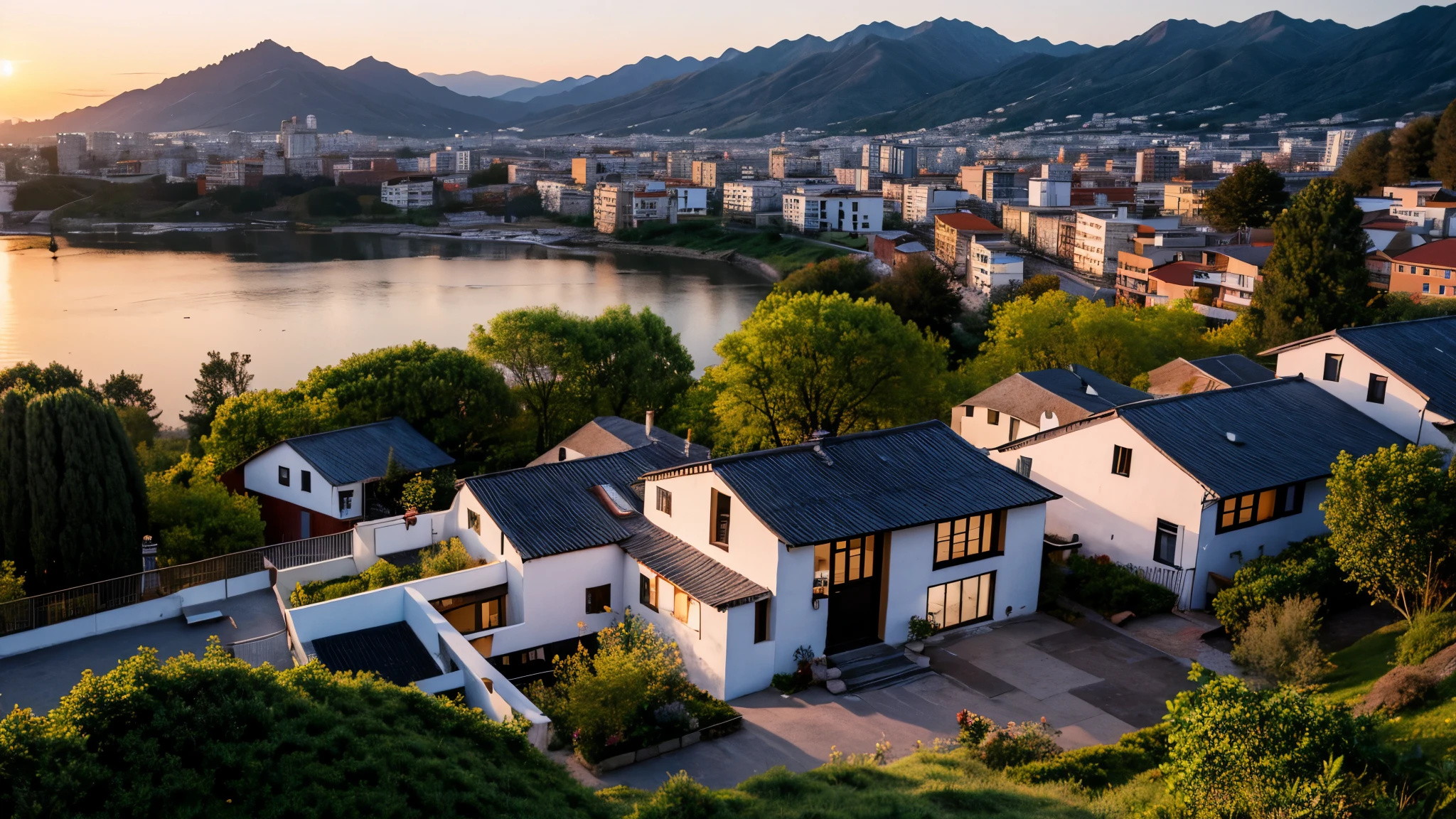 Cun,Large,quiet,,Chinese style,many bungalows,surrounded by mountains,There is a wide river on the left,There are several bridges on the river,After the river there are plain fields,There is a dense forest on the right,View from the mountains in the distance,early spring,Sunset,sunset,fantasy,mystery,dream,Hayao Miyazaki