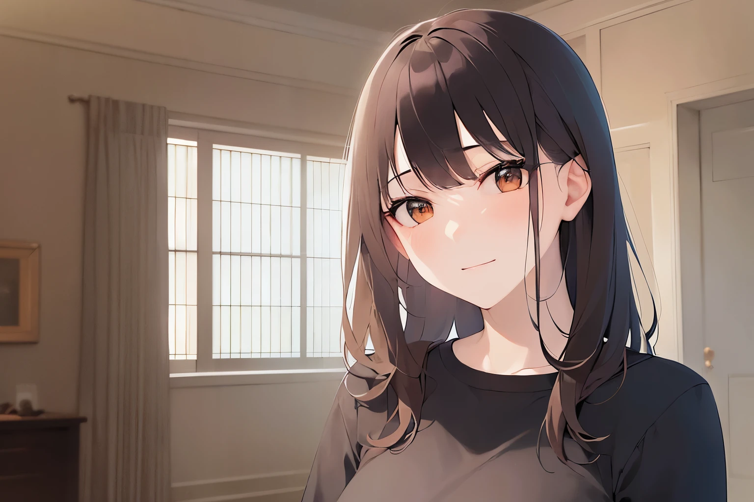 Tilting head、Upper Body, Realistic, real person, (pale skin: 1.2), RAW shiny skin, japanese idol、shiny hair、(25 year old woman with medium hair with bangs) and (wavy hair) and (brown hair) and (orange eyes) , (black) and (plain t-shirt) and (oversize) 、(sad:1.2), smile, The background is the living room、Alone、Are standing
