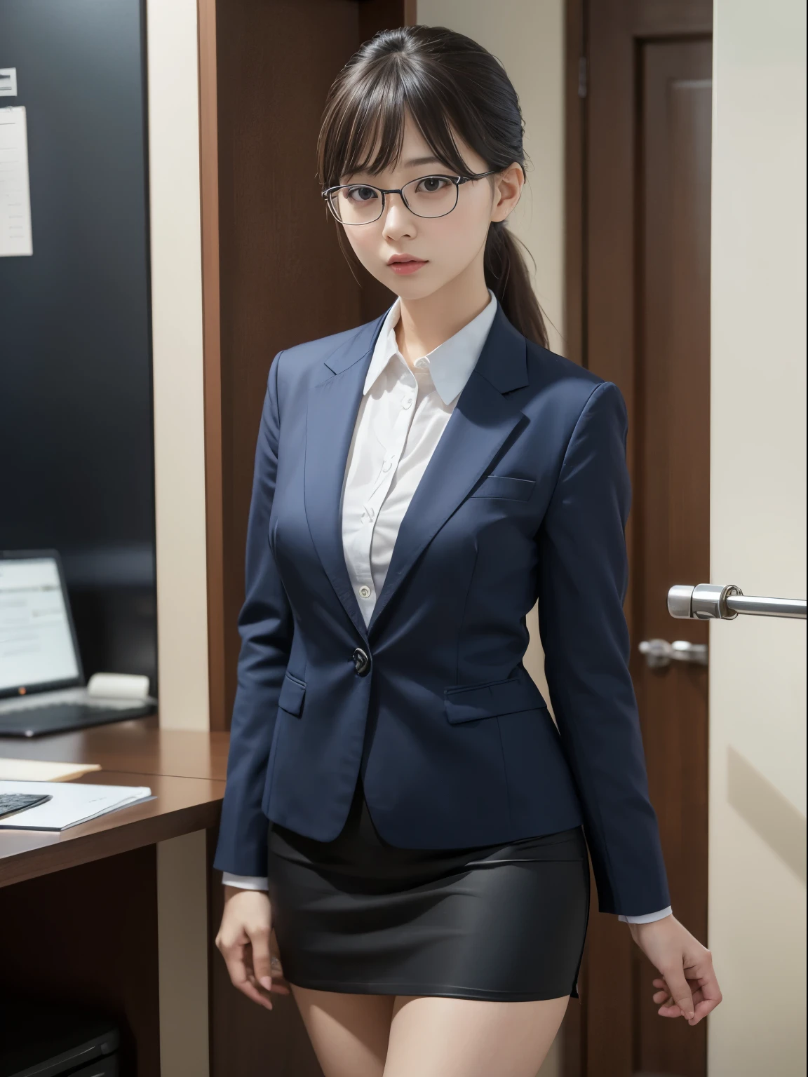 one person、solo、A 20-year-old office lady in office uniform poses for a photo shoot、glare、sexy、victory、Tsundere、Saucy、Single knot、OL、suit、blue mini skirt、anger、Small、glasses、Slim girl model photo、Body:史上最Smallの美少女、female model、Japanese female fashion model、(8K、RAW photo、Highest image quality、masterpiece:1.2)、(real、photorealistic:1.37)、Ultra high definition、Ultra high definition、Office Street、standing position、whole body、((((SEXY)))