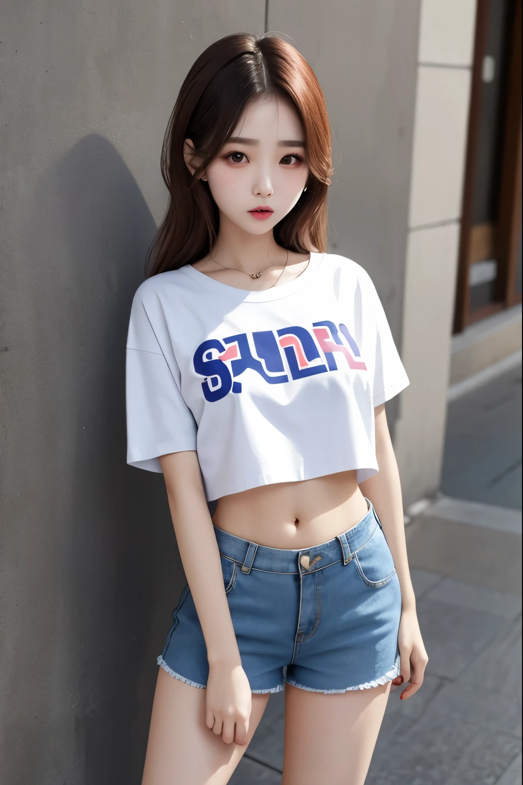 Beautiful, 1girl, korea, small breast, oversize crop tshirt, shortpants