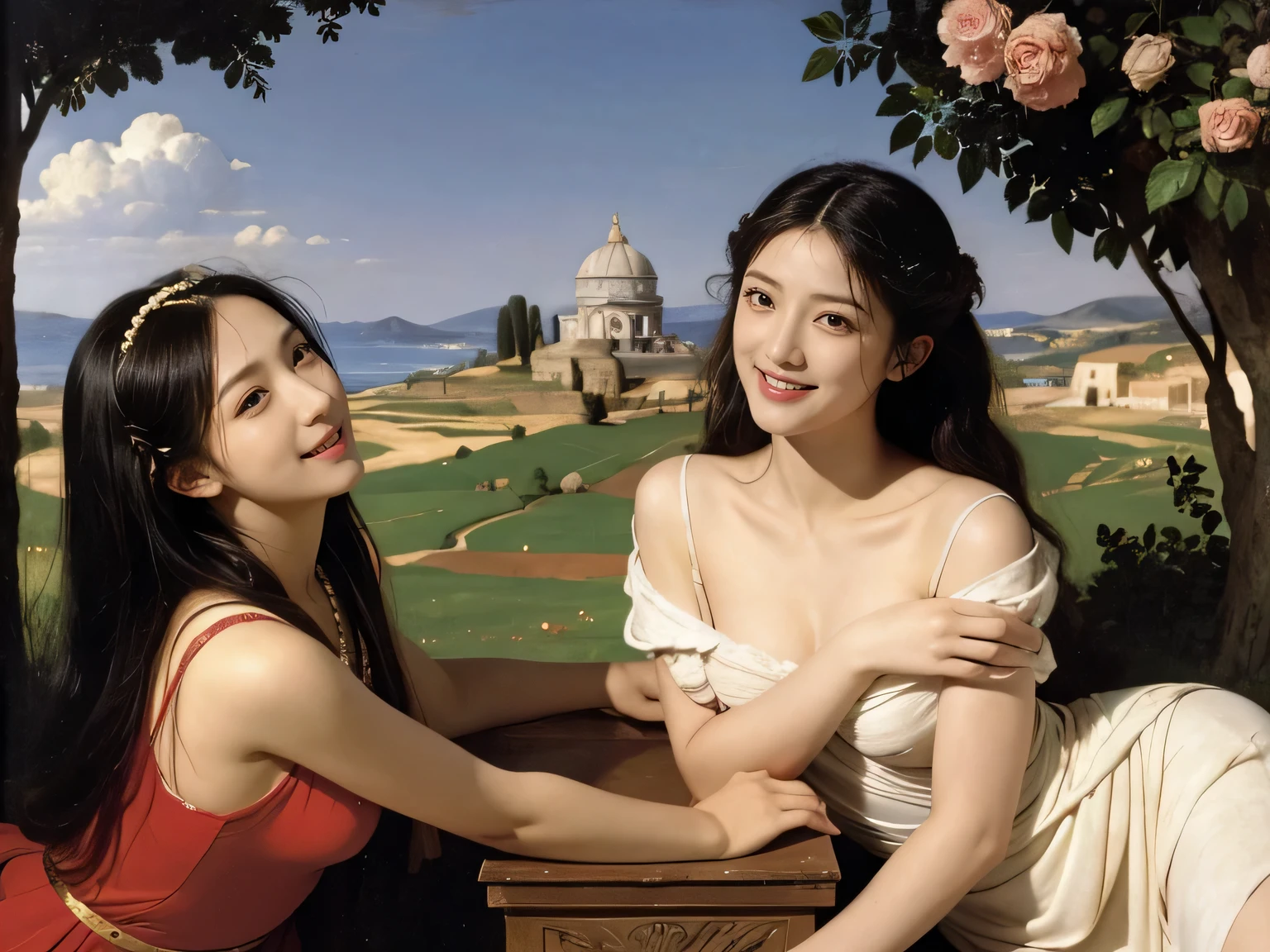Giorgione painting style,Arguments of two female Philosophe,math、astronomical machine、astronaut、roses in vase、fruits、Cute trinkets、smile、ancient greek costume、Ancient Roman landscape in the style of Nicolas Poussin,laughter,,Sweet and seductive appearance.、Caravaggio's paintings、Chiaroscuro of Caravaggio、hair tousled by the wind,Two women frolicking,cute smile, expression of ecstasy,Sexy,erotic