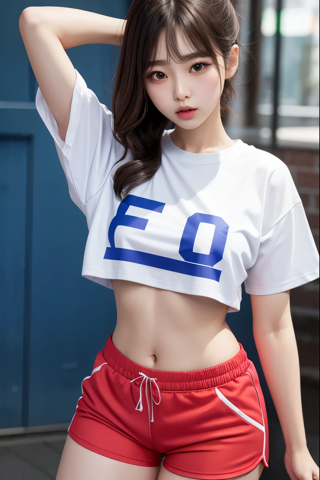 Beautiful, 1girl, korea, small breast, oversize crop tshirt, shortpants sports