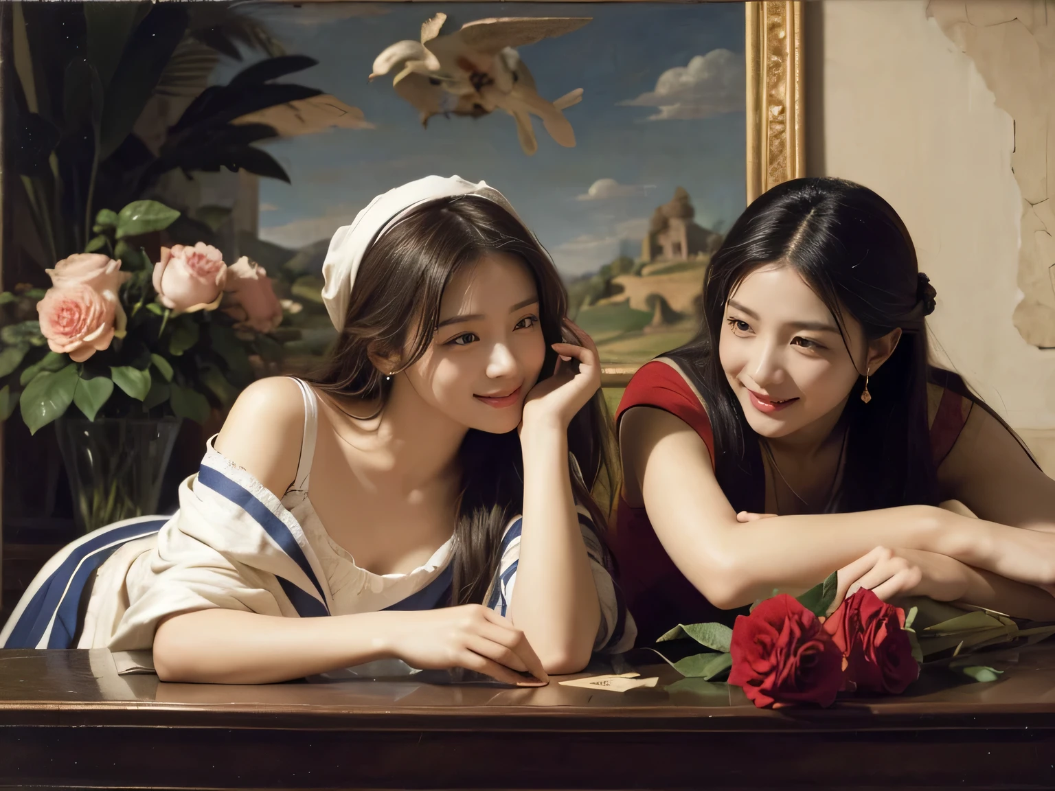 Giorgione painting style,Arguments of two female Philosophe,math、astronomical machine、astronaut、roses in vase、fruits、Cute trinkets、smile、ancient greek costume、Ancient Roman landscape in the style of Nicolas Poussin,laughter,,Sweet and seductive appearance.、Caravaggio's paintings、Chiaroscuro of Caravaggio、hair tousled by the wind,Two women frolicking,cute smile, expression of ecstasy,Sexy,erotic