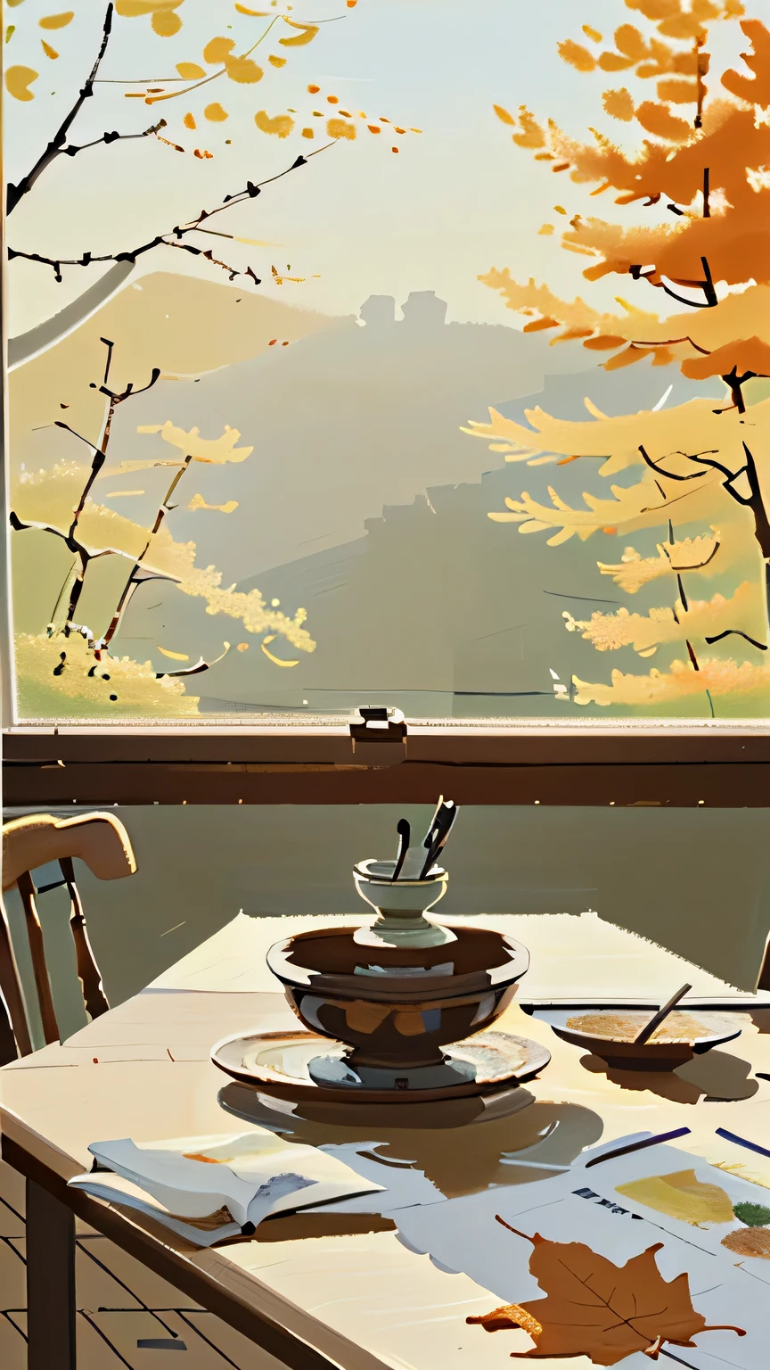 close up,close shot,There was an open book on the table,Maple leaves fall on the book,Sunlight,(Minimalism,simple,concise),no one--v6,Hand drawn illustration,wallpaper,light and shadow,flat illustration, Inspired by Wu Guanzhong, Official illustration