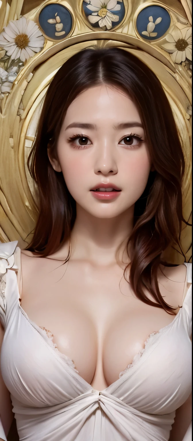 HD symmetrical images, (breast goddess, a woman born from flowers, (round face), droopy eyes, small breasts, focus on breasts, cute dress, swollen nipples, fashionable, Red hair), ((Art Nouveau)), ecstatic face, Many flowers,