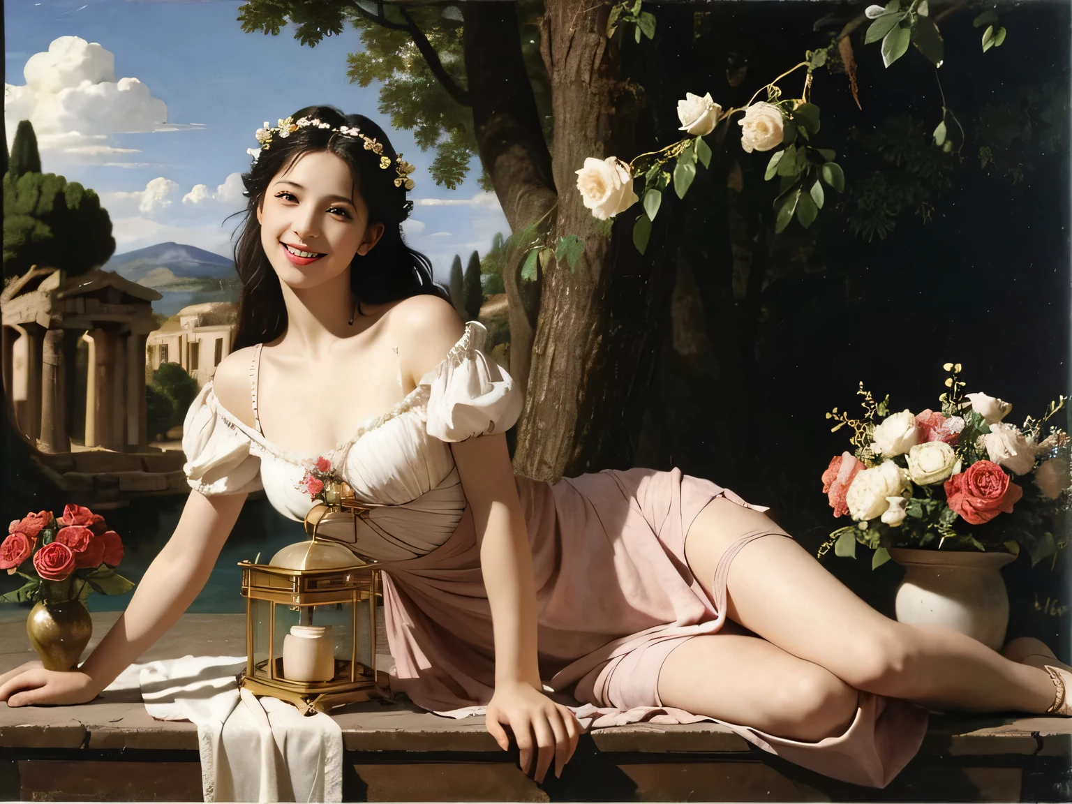 Giorgione painting style,Arguments of two female Philosophe,math、astronomical machine、astronaut、roses in vase、fruits、Cute trinkets、smile、ancient greek costume、Ancient Roman landscape in the style of Nicolas Poussin,laughter,,Sweet and seductive appearance.、Caravaggio's paintings、Chiaroscuro of Caravaggio、hair tousled by the wind,Two women frolicking,cute smile, expression of ecstasy,Sexy,erotic