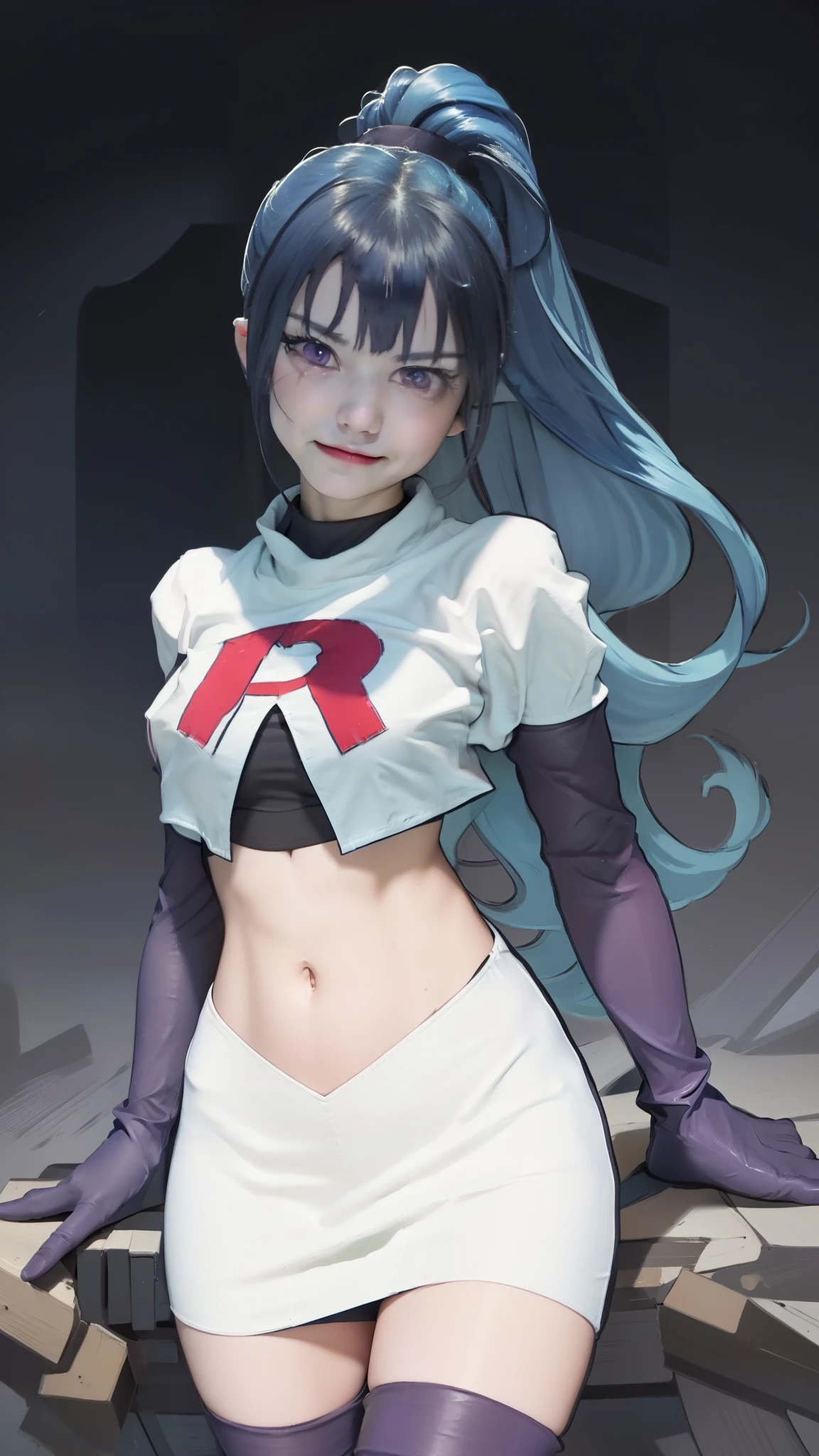 (masterpiece, best quality:1.2),cowboy shot,solo,1girl,mlpsonata,colored skin,blue skin,ponytail,purple eyes, solo, 1girl, looking at viewer, Team rocket, team rocket uniform, red letter R, white skirt,white crop top,black thigh-high boots, black elbow gloves, evil smile, night sky background