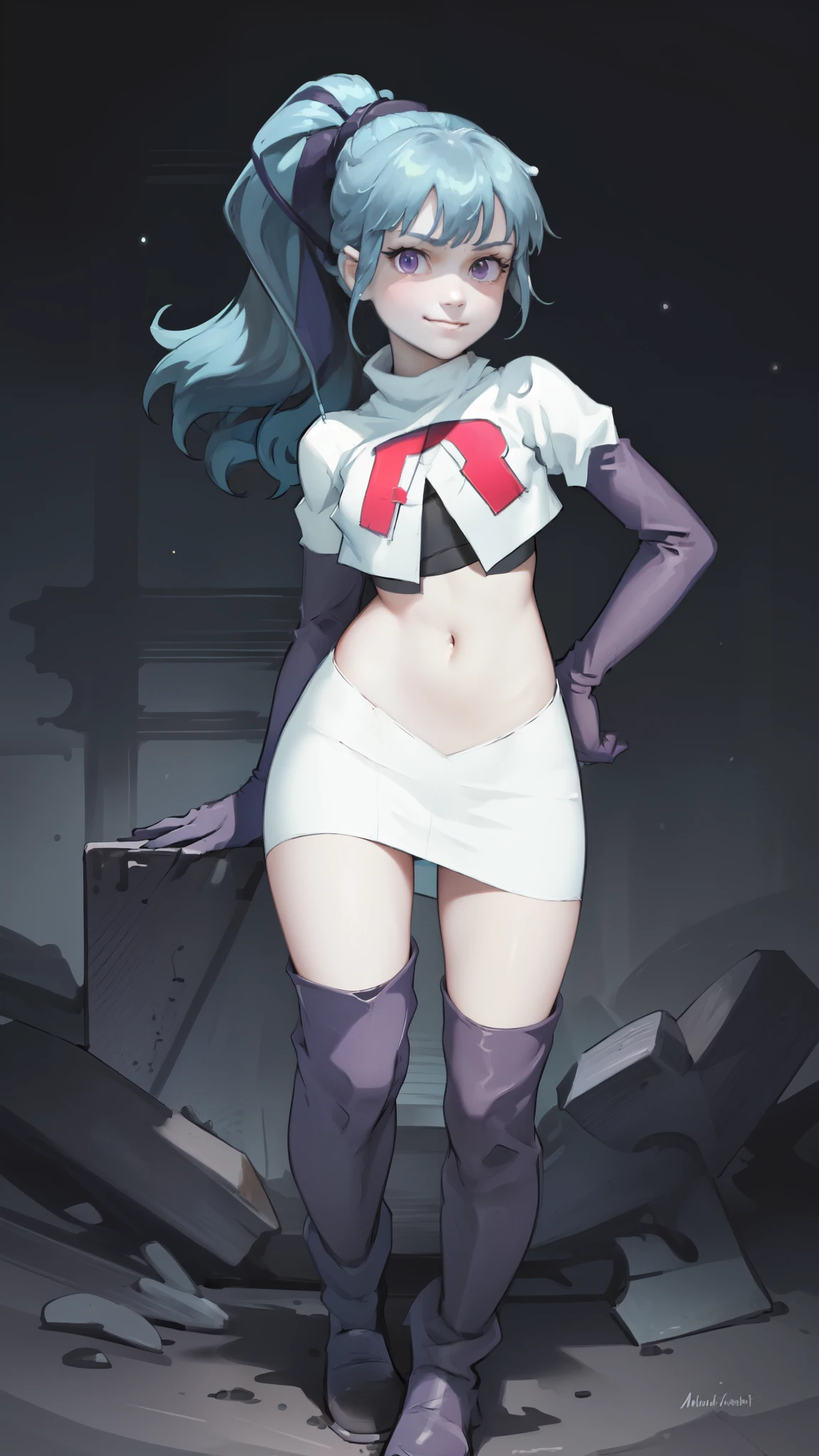 (masterpiece, best quality:1.2),cowboy shot,solo,1girl,mlpsonata,colored skin,blue skin,ponytail,purple eyes, solo, 1girl, looking at viewer, Team rocket, team rocket uniform, red letter R, white skirt,white crop top,black thigh-high boots, black elbow gloves, evil smile, night sky background